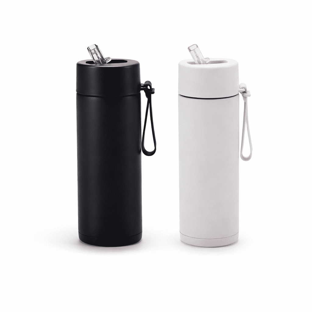 A drink bottle featuring a 650ml stainless steel thermos in black and white, with a silicone handle and a straw. 650ml Stainless Steel Thermos with Silicone Handle - Image 1