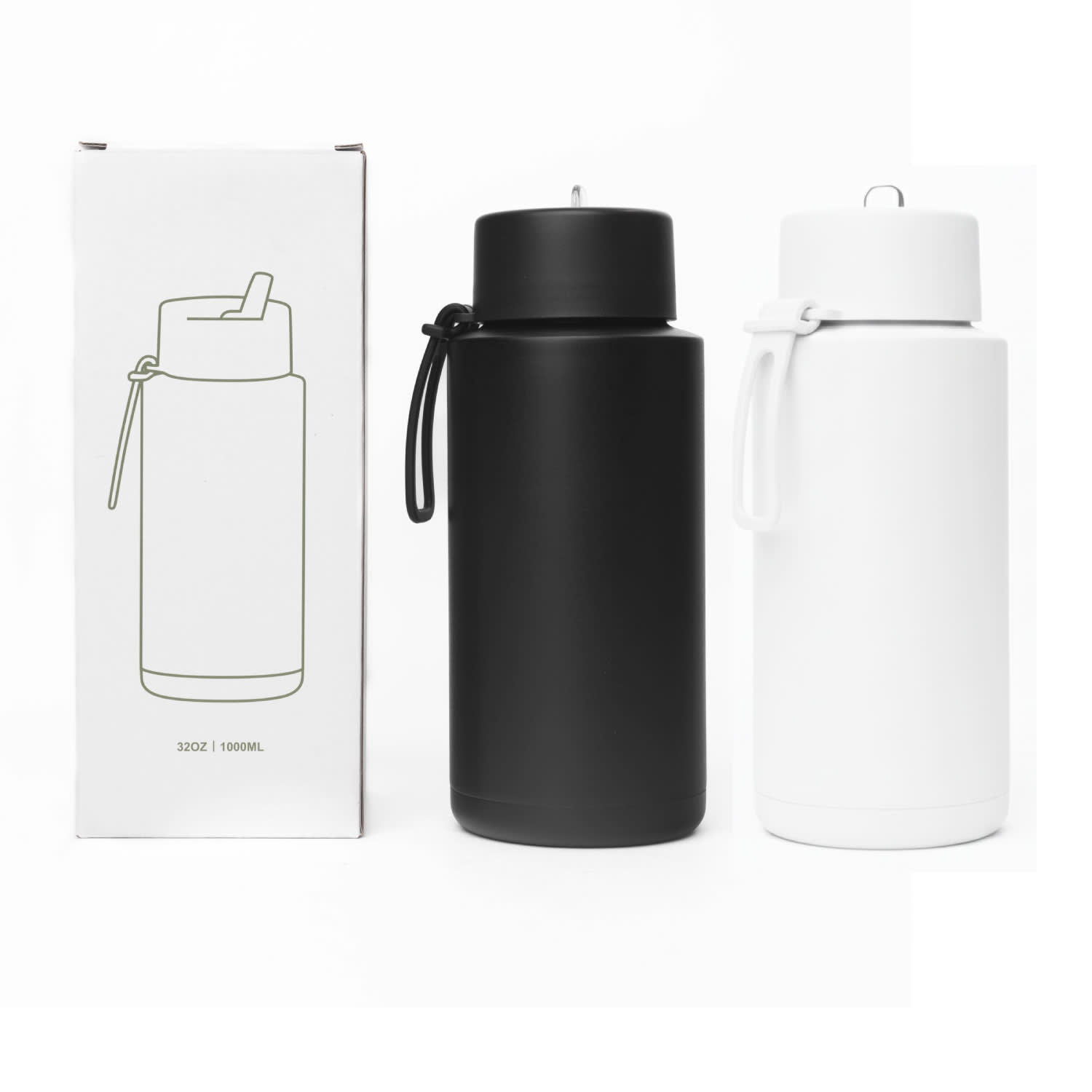 A drink bottle set featuring a black and a white 1L stainless steel bottle with silicone handles, packaged in a box. 1L Stainless Steel Thermos with Silicone Handle - Image 1