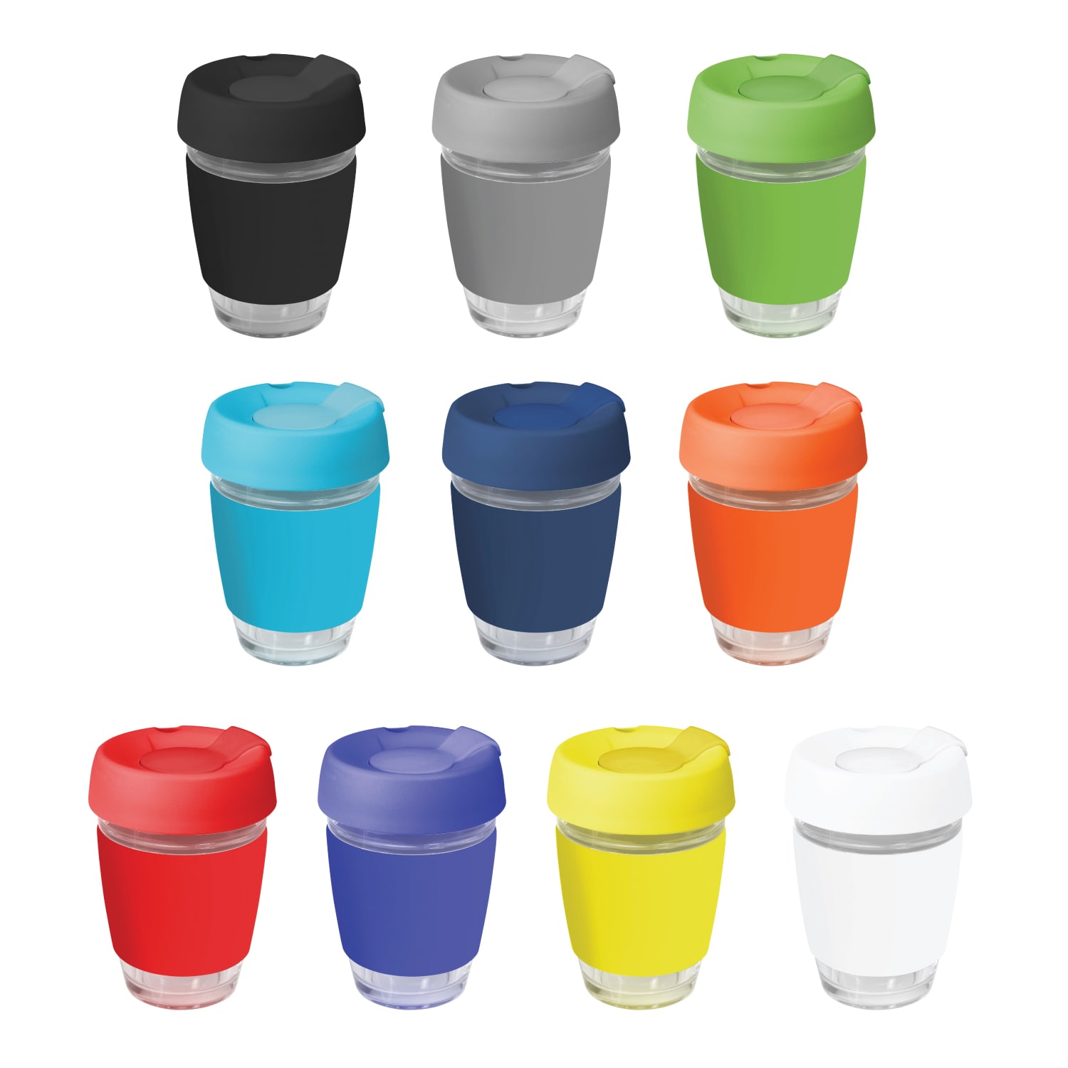 A collection of reusable coffee cups in various colours with silicone lids and bands, featuring a logo on each cup. Genova Glass Coffee Cup - 350Ml With Silicon Lid And Band - Image 1