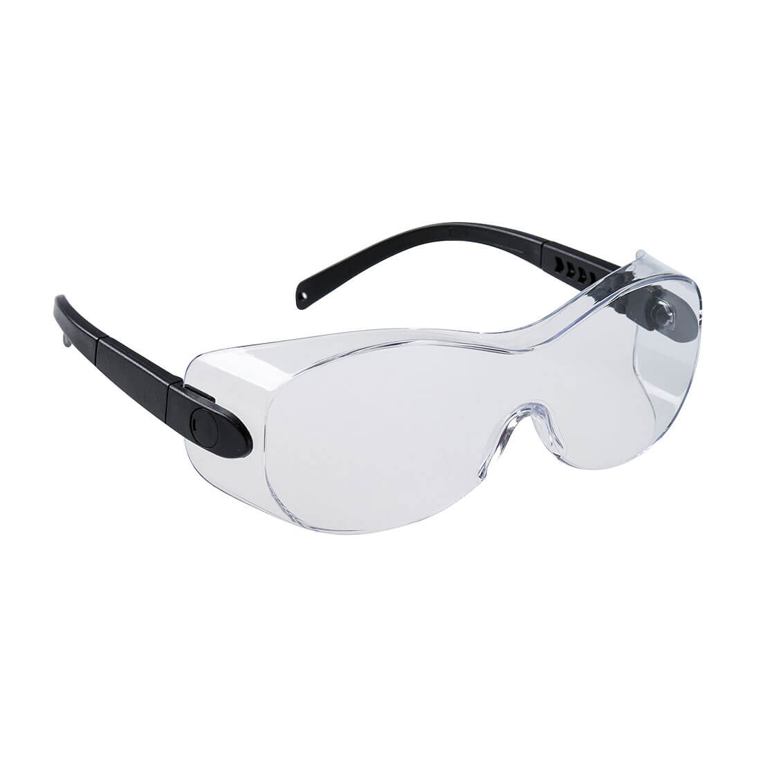 A pair of clear safety glasses with black arms and a sleek design. Features a logo on the frame. Portwest Over-Spectacles - Image 1