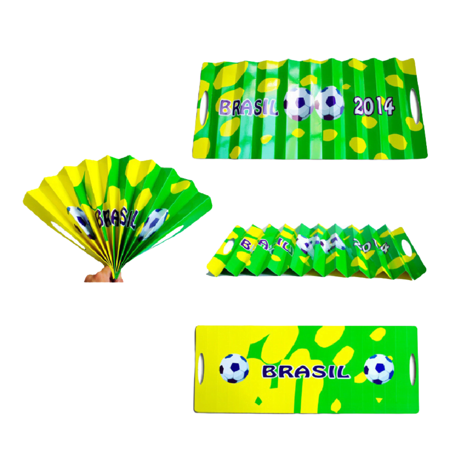 A yellow and green cardboard clapper with soccer graphics and the text "Brasil 2014," featuring a fan design. Cardboard Clapper - Image 1