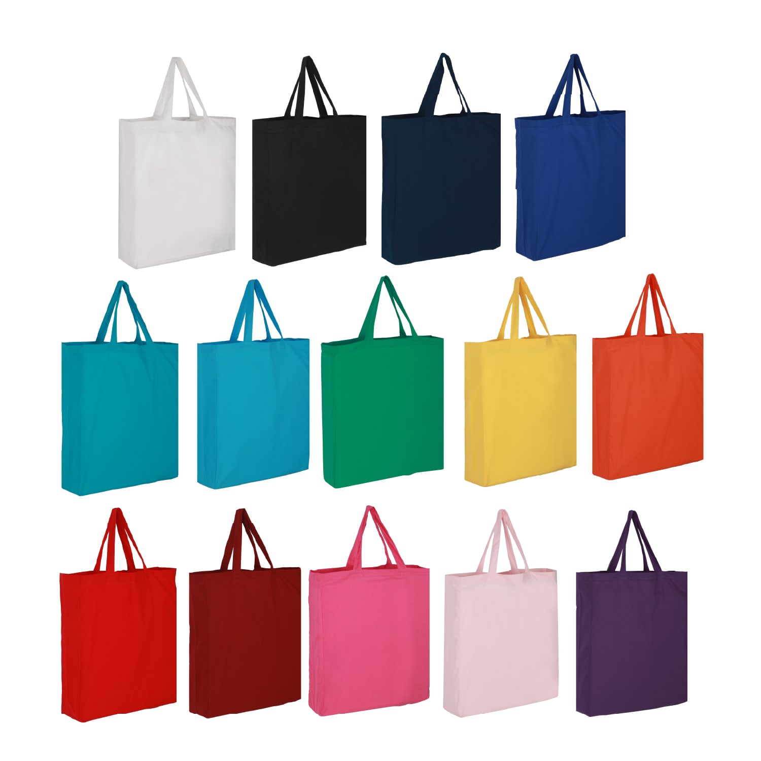 A collection of coloured cotton tote bags in various shades including white, black, blue, green, yellow, and pink, featuring handles. Coloured Cotton Tote Bag - Image 1