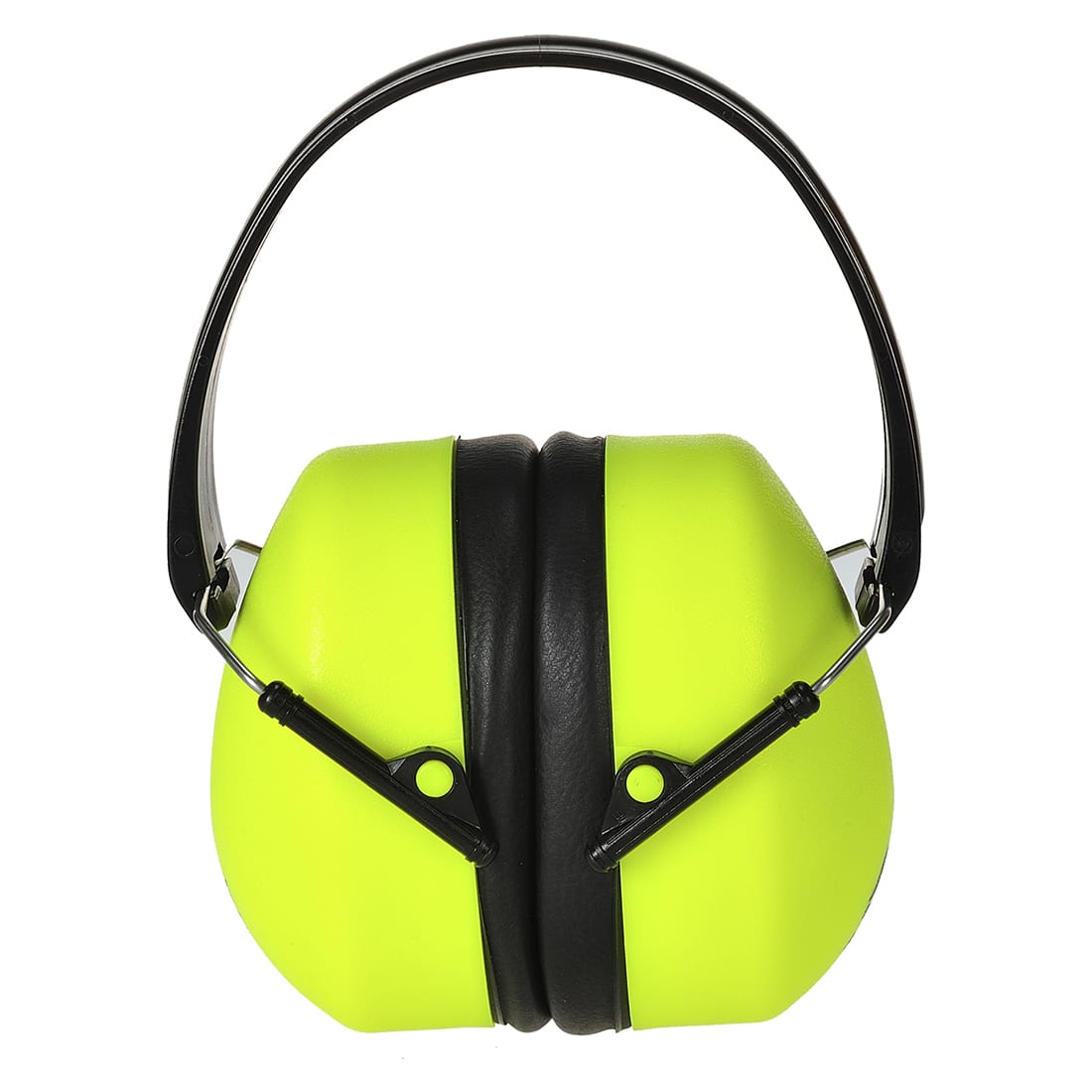 A bright yellow ear protector with a black band, featuring a logo on one side. Super HV Ear Defenders - Image 1