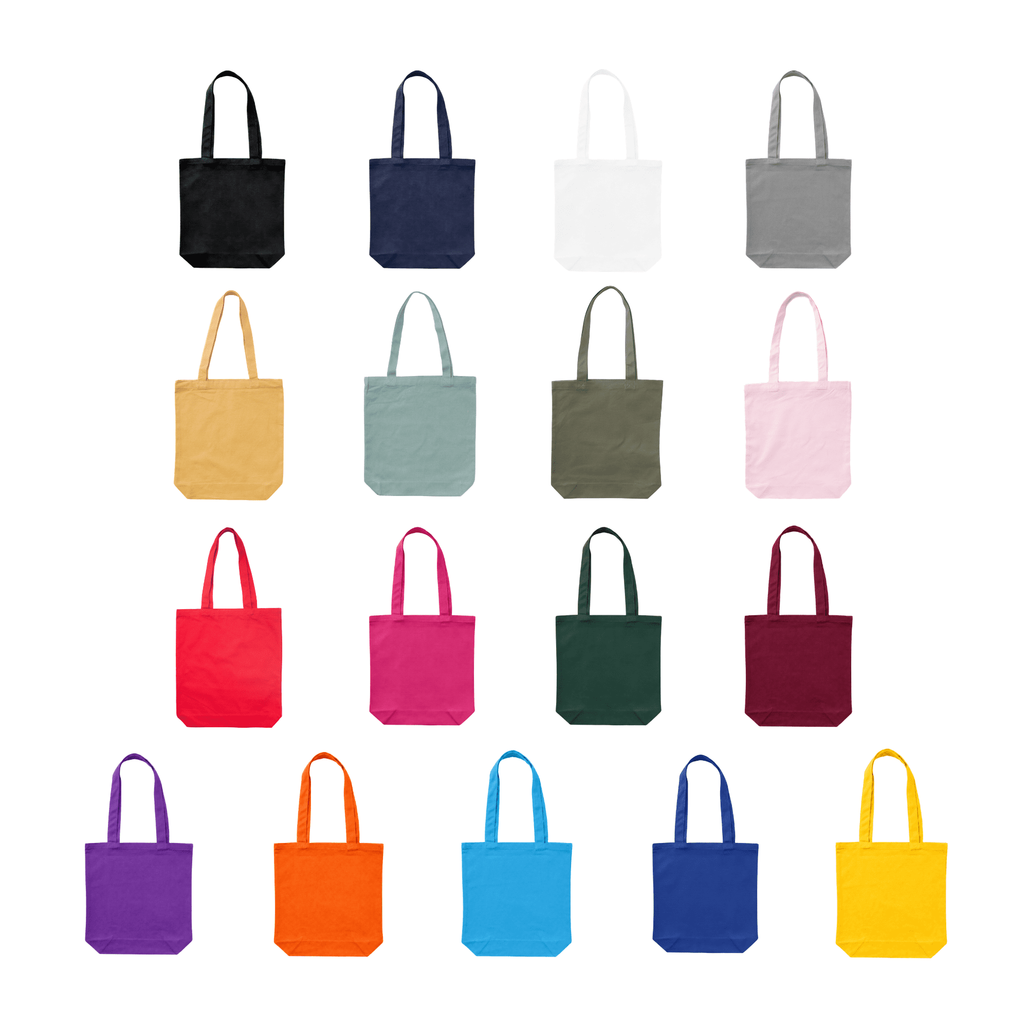 A collection of colourful tote bags in various shades, including black, navy, white, grey, yellow, green, pink, and more. James Coloured Canvas Tote Bag - Image 1