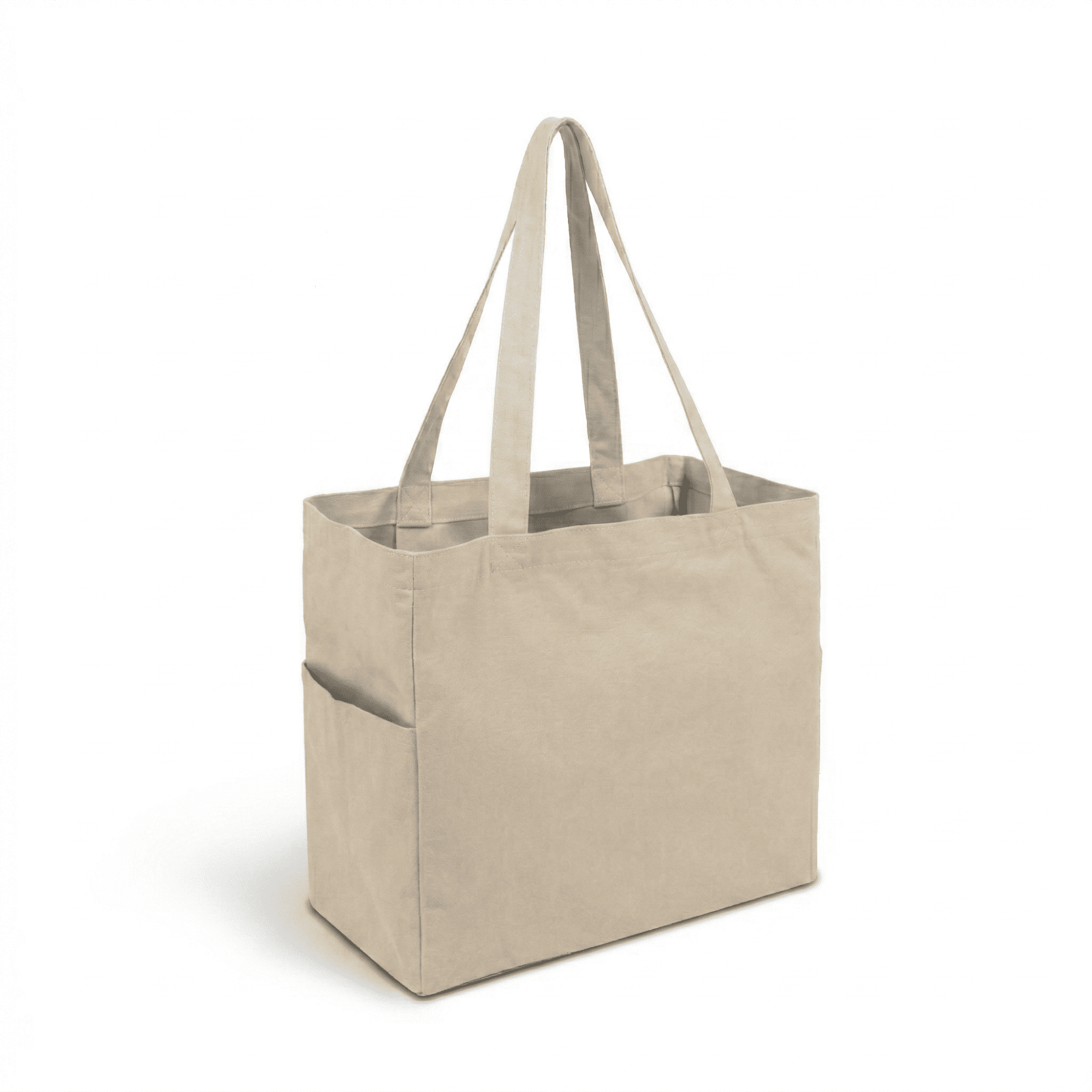 A natural beige canvas tote bag with two handles and side pockets. Contains a logo on the front. Bondi Canvas Tote Bag - Natural - Image 1