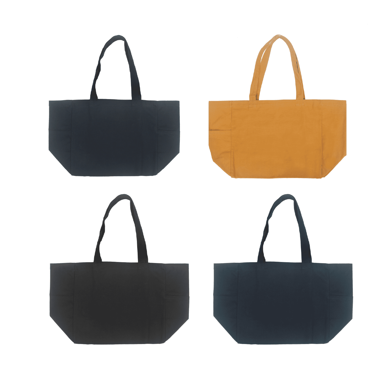 A canvas tote bag collection featuring black, navy, and mustard colours, with two bags in each colour. Each bag has handles and a logo. Bondi Canvas Tote Bag - Coloured - Image 1