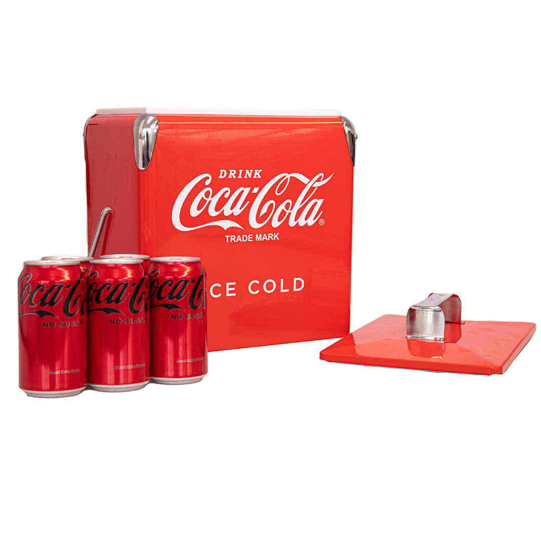 A drink bottle cooler box in red, with three cans of Coca-Cola and a bottle opener beside it. Features branding. 17L Metal Cooler Box - Image 1