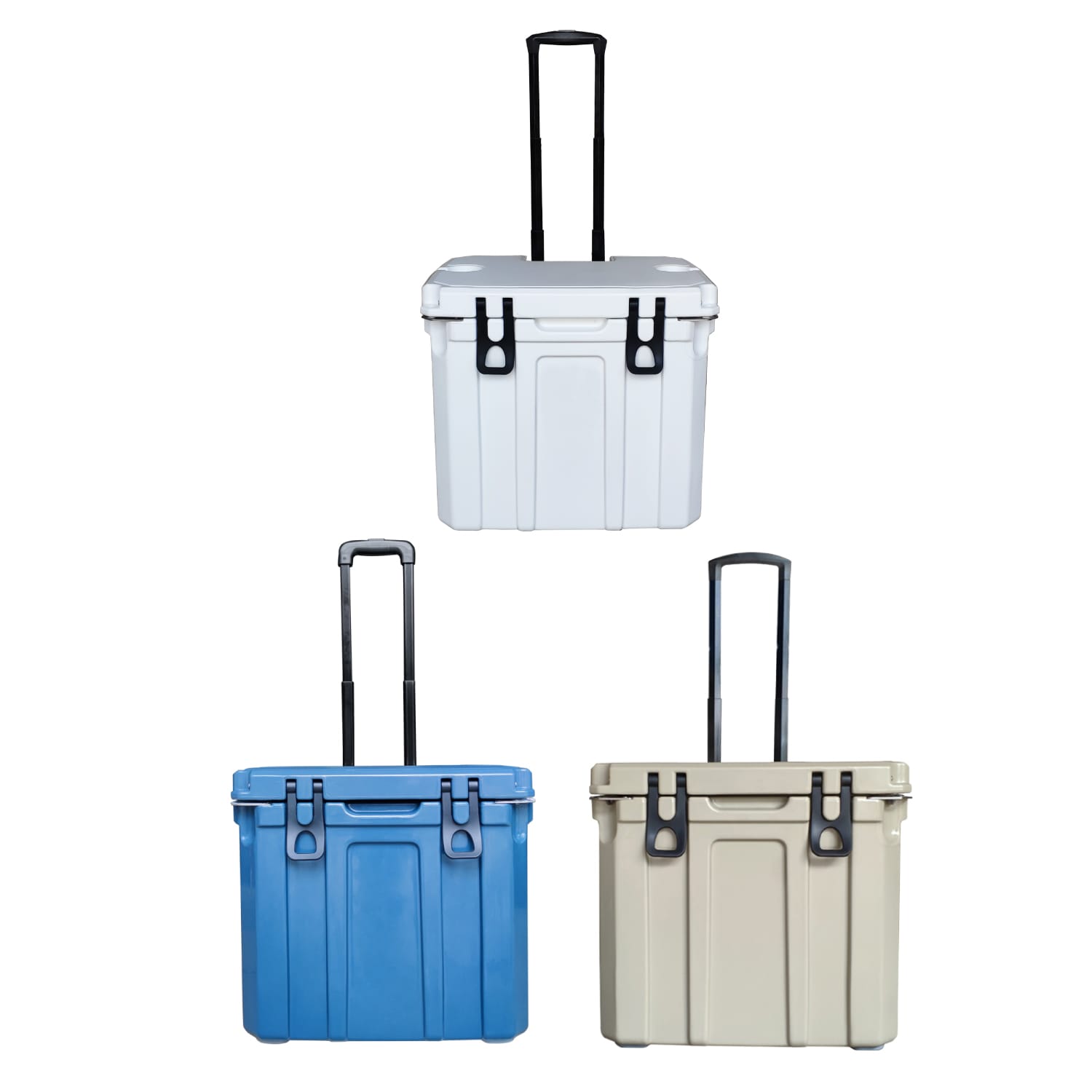 A cooler box with wheels available in white, blue, and beige, featuring a sturdy handle for easy transport. 31L Cooler Box with Wheels - Image 1