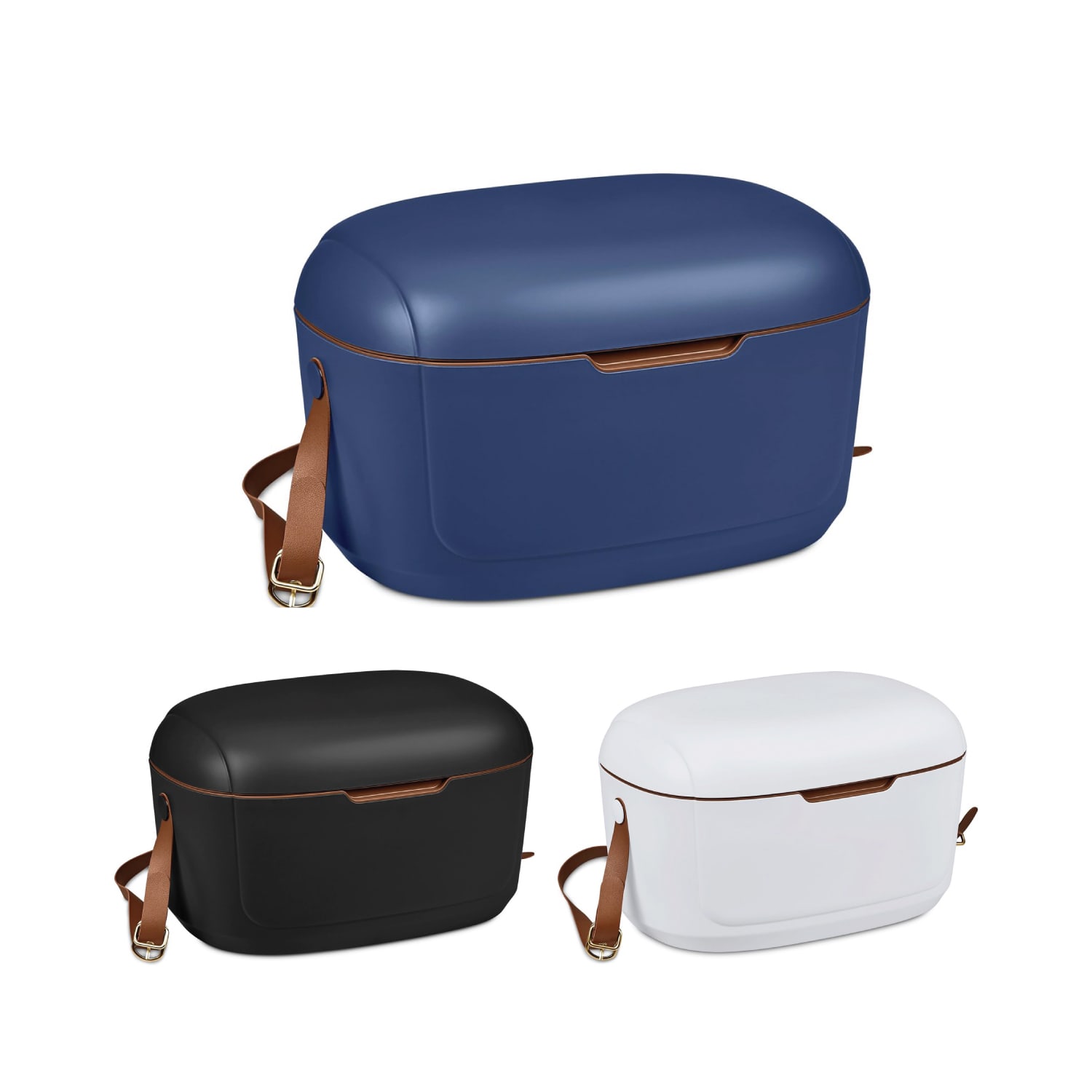 A cooler box in navy blue, black, and white, featuring leather-like straps and a sleek design. Paradise 12L Cooler Box - Image 1