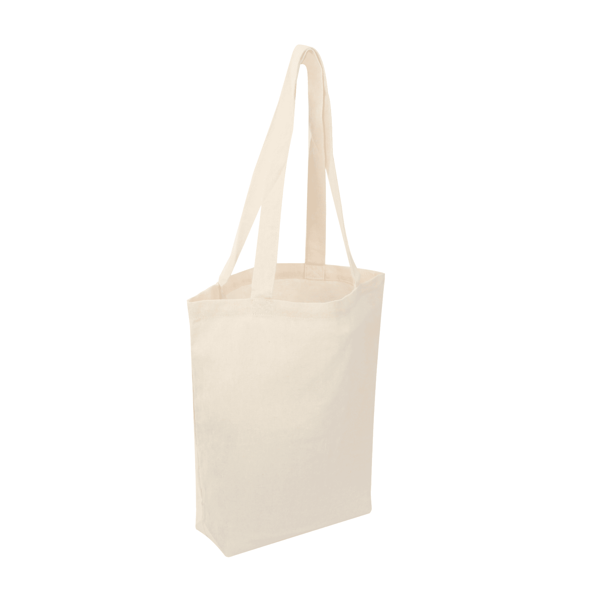 A cream hemp tote bag with a gusset, featuring long handles and a simple design. Includes a logo on the side. Hemp Tote Bag with Gusset - Image 1