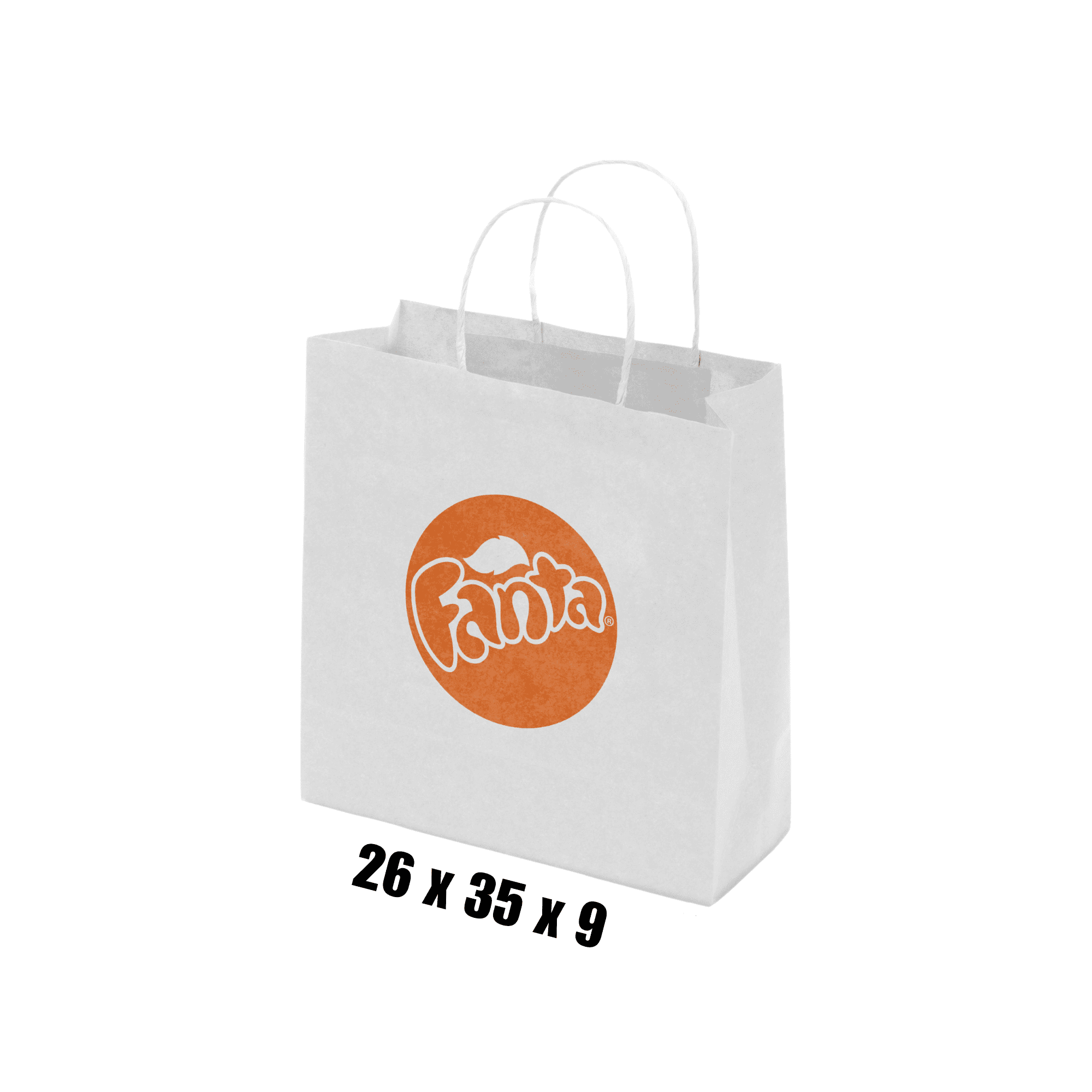 A medium white kraft paper bag with twisted paper handles and a circular logo design. Kraft Paper Bag White Medium Includes Twisted Paper Handle - Image 1