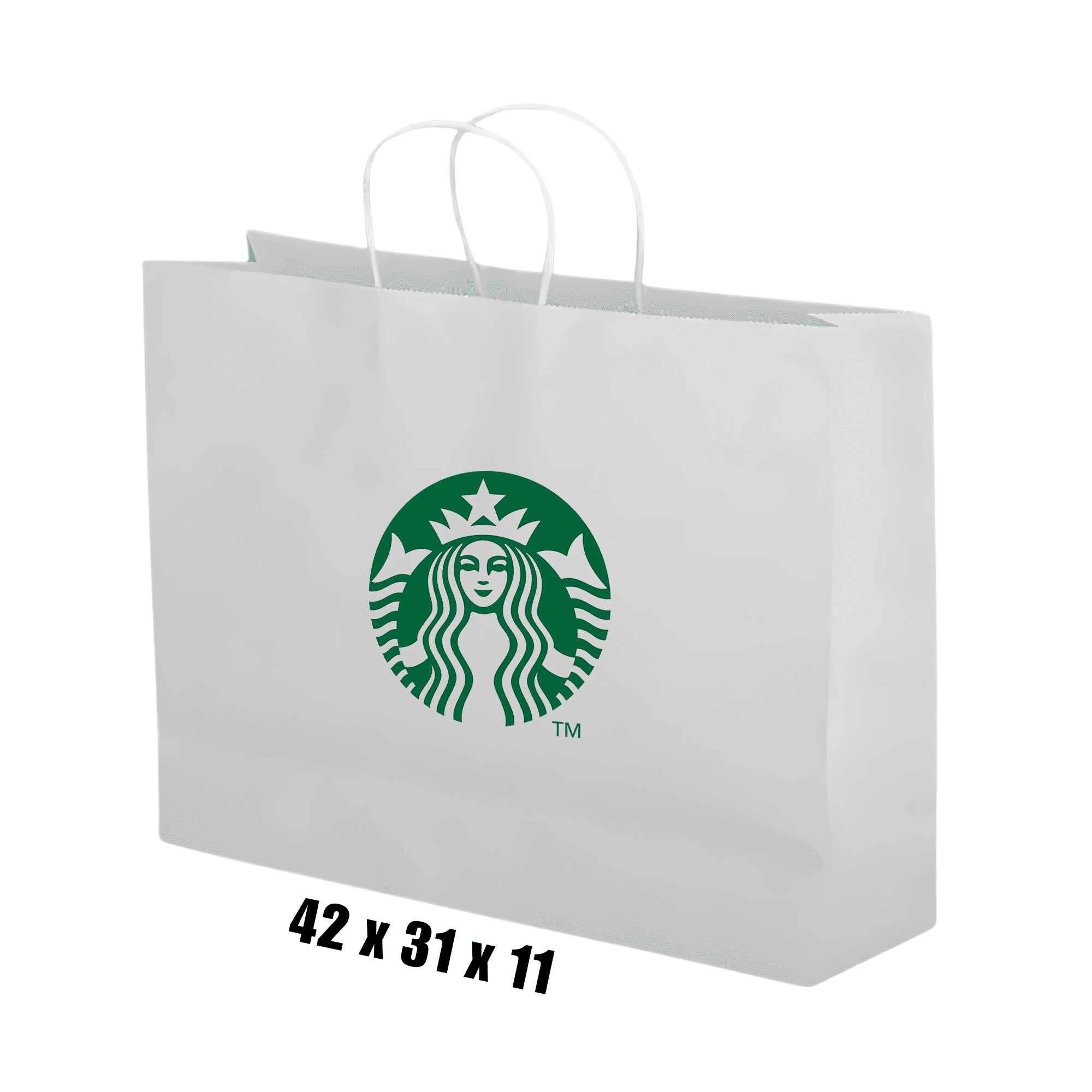 A white paper bag featuring twisted paper handles and a logo. Dimensions are 42 x 31 x 11 centimetres. Kraft Paper Bag White Landscape Includes Twisted Paper Handle - Image 1