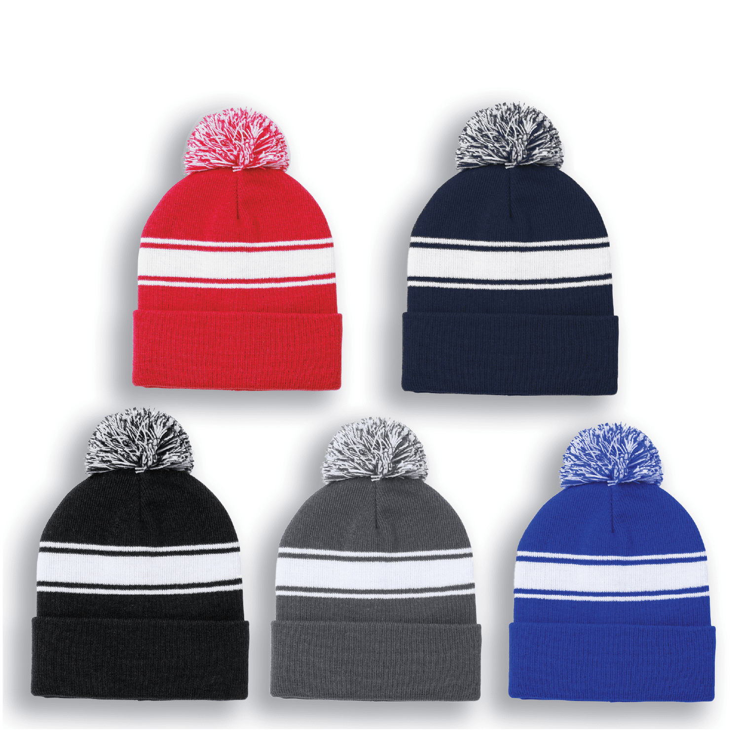 Five pom pom beanie hats in red, navy, black, grey, and blue, featuring white stripes and a decorative pom pom on top. Pom Pom Beanie Hat - Image 1