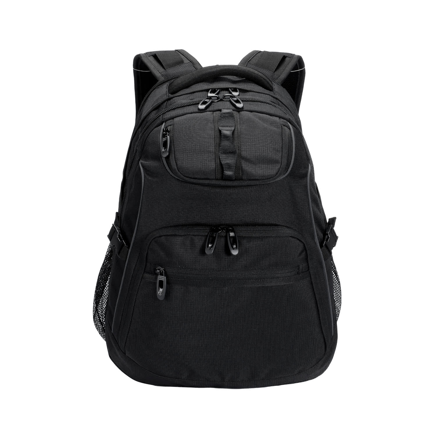 A black backpack with multiple zippered compartments and mesh side pockets, featuring adjustable shoulder straps. Colorado Backpack - Image 1