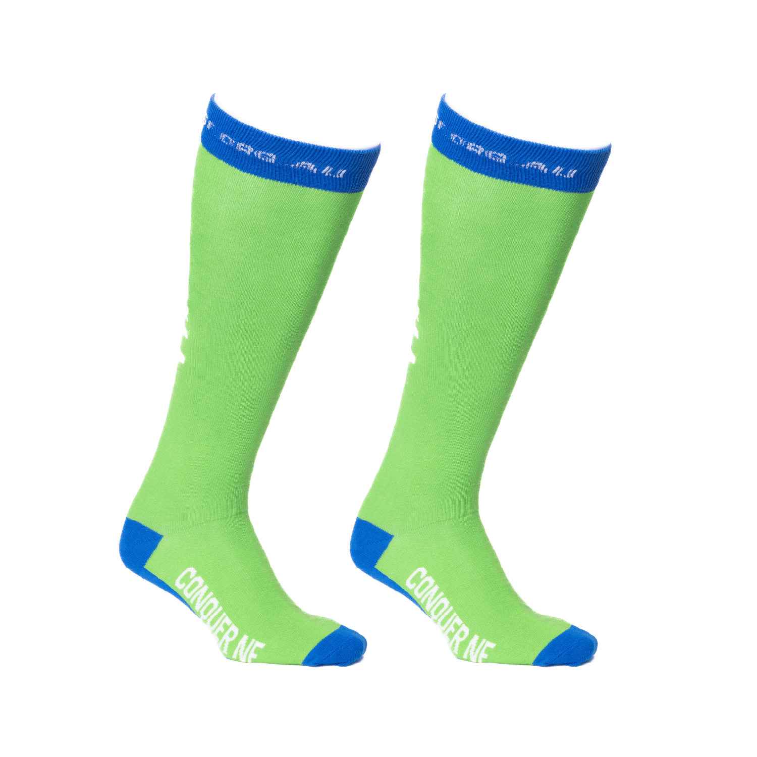 Knee high socks in bright green with blue accents, featuring a logo near the cuff. Snazzy Knee High Jacquard Socks - Image 1