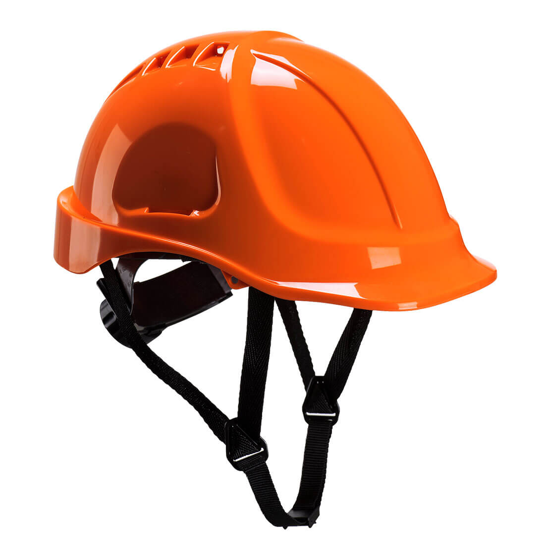 An orange helmet with ventilation holes and adjustable straps, featuring a logo on the side. Endurance Helmet - Image 1