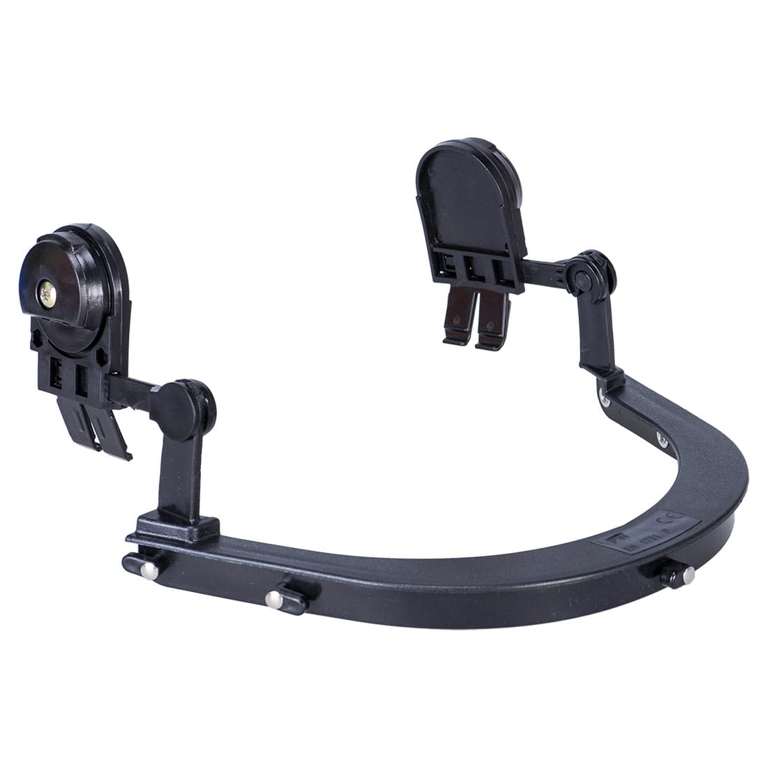 A black helmet visor holder featuring adjustable clips and a curved base. It includes a logo on one side. Helmet Visor Holder - Image 1