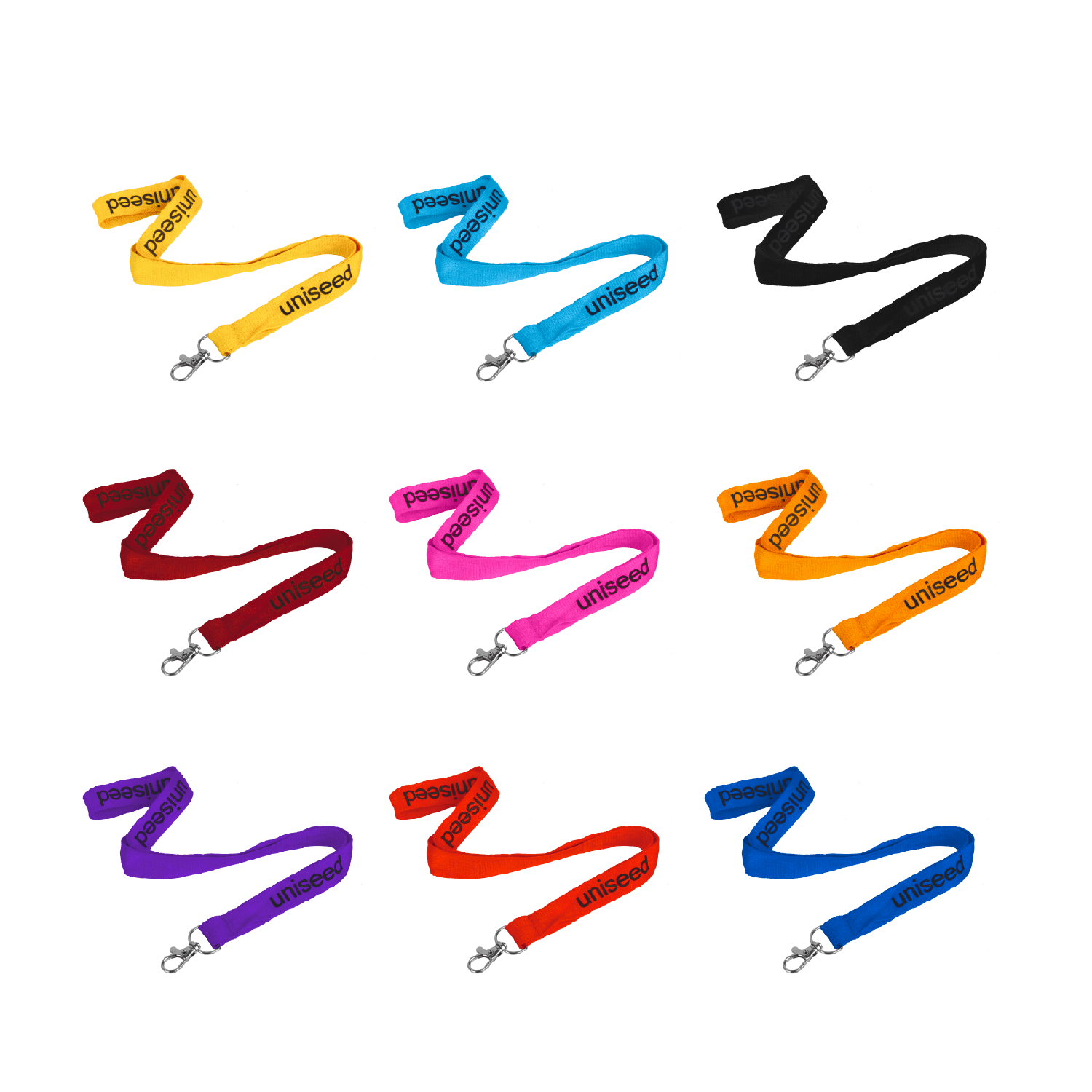 A collection of flat ribbed lanyards in various colours: yellow, black, red, pink, purple, and blue, each with a swivel clip. Flat Ribbed Lanyard 20mm Wide With Swivel Clip - Image 1