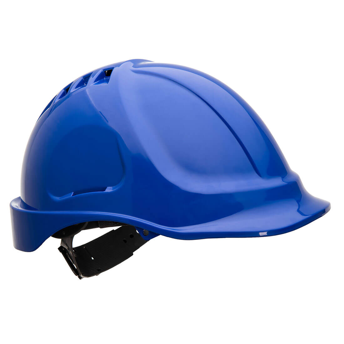 A blue safety helmet with ventilation slots and an adjustable chin strap, featuring a logo on the side. Endurance Helmet - Image 1