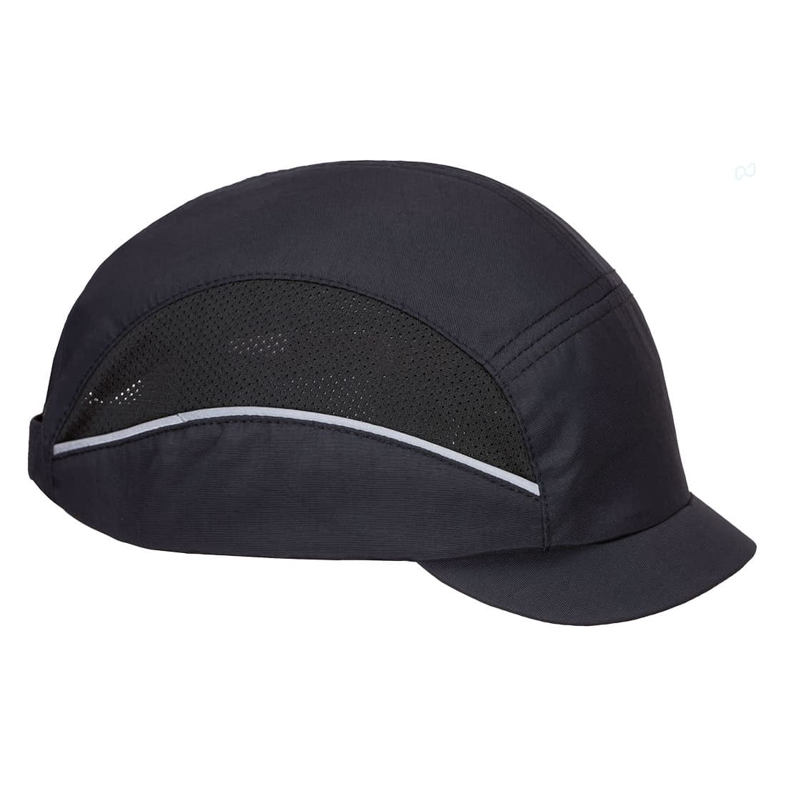 A black bump cap with a micro peak and mesh panels for ventilation, featuring a logo. AirTech Bump Cap Micro Peak - Image 1