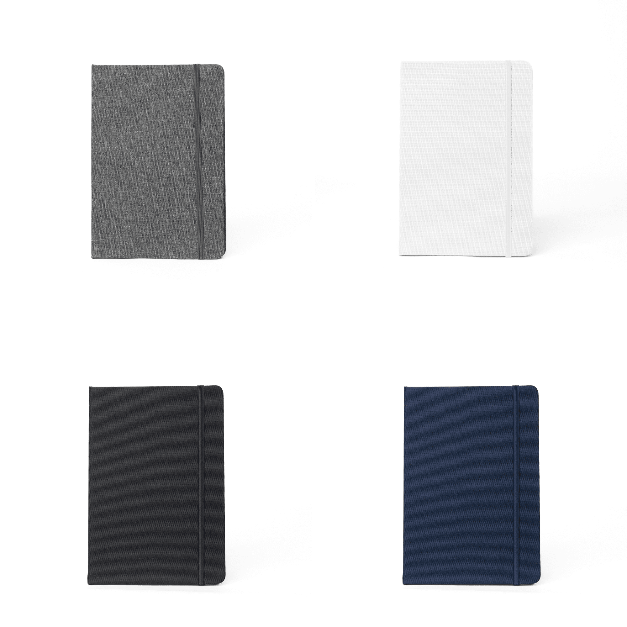 A collection of four RPET notebooks in grey, white, black, and navy, featuring a logo on the front cover. RPET Notebook - Image 1