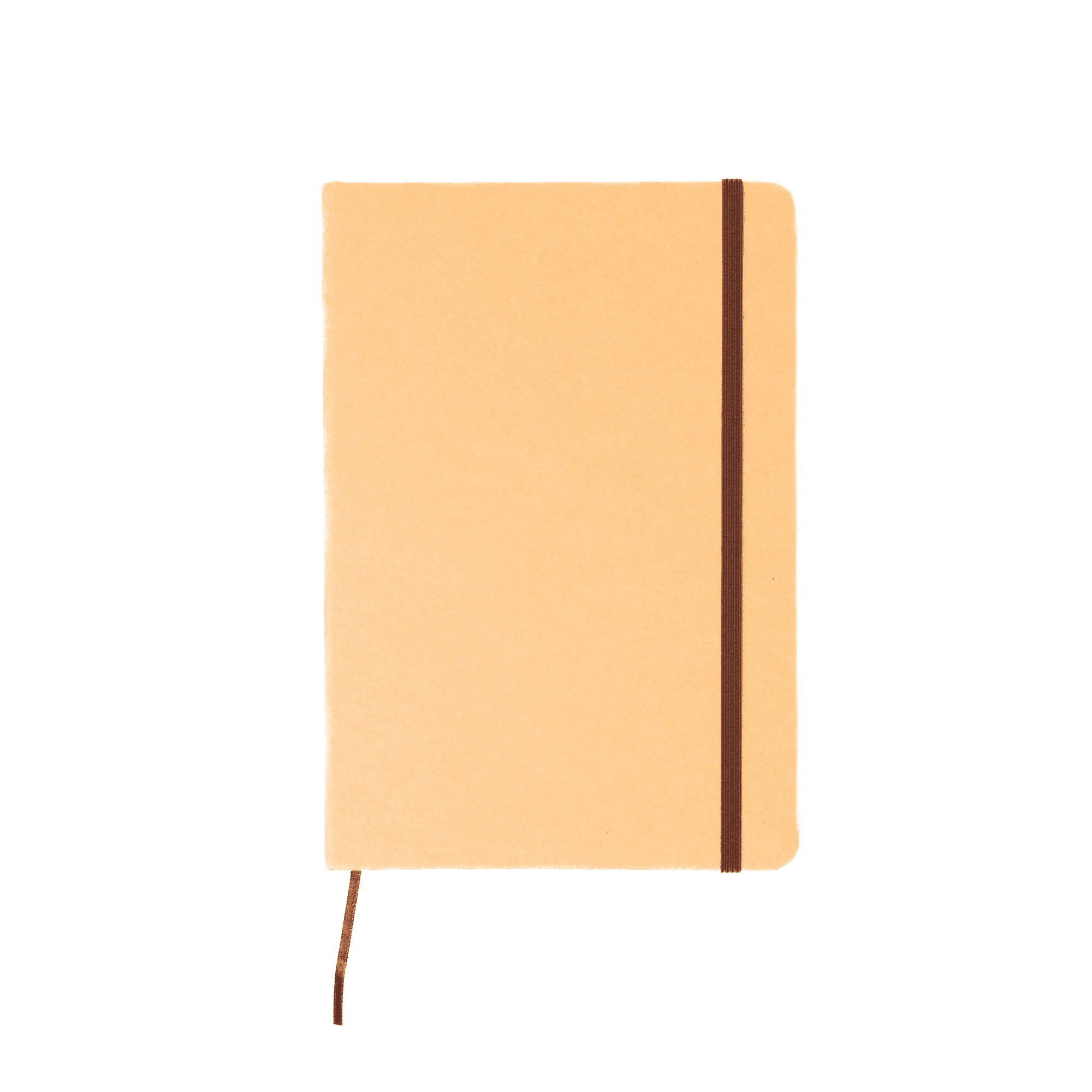 A recycled notebook with a brown elastic closure and a soft, beige cover. It has a logo on the front. Recycled Notebook - Image 1