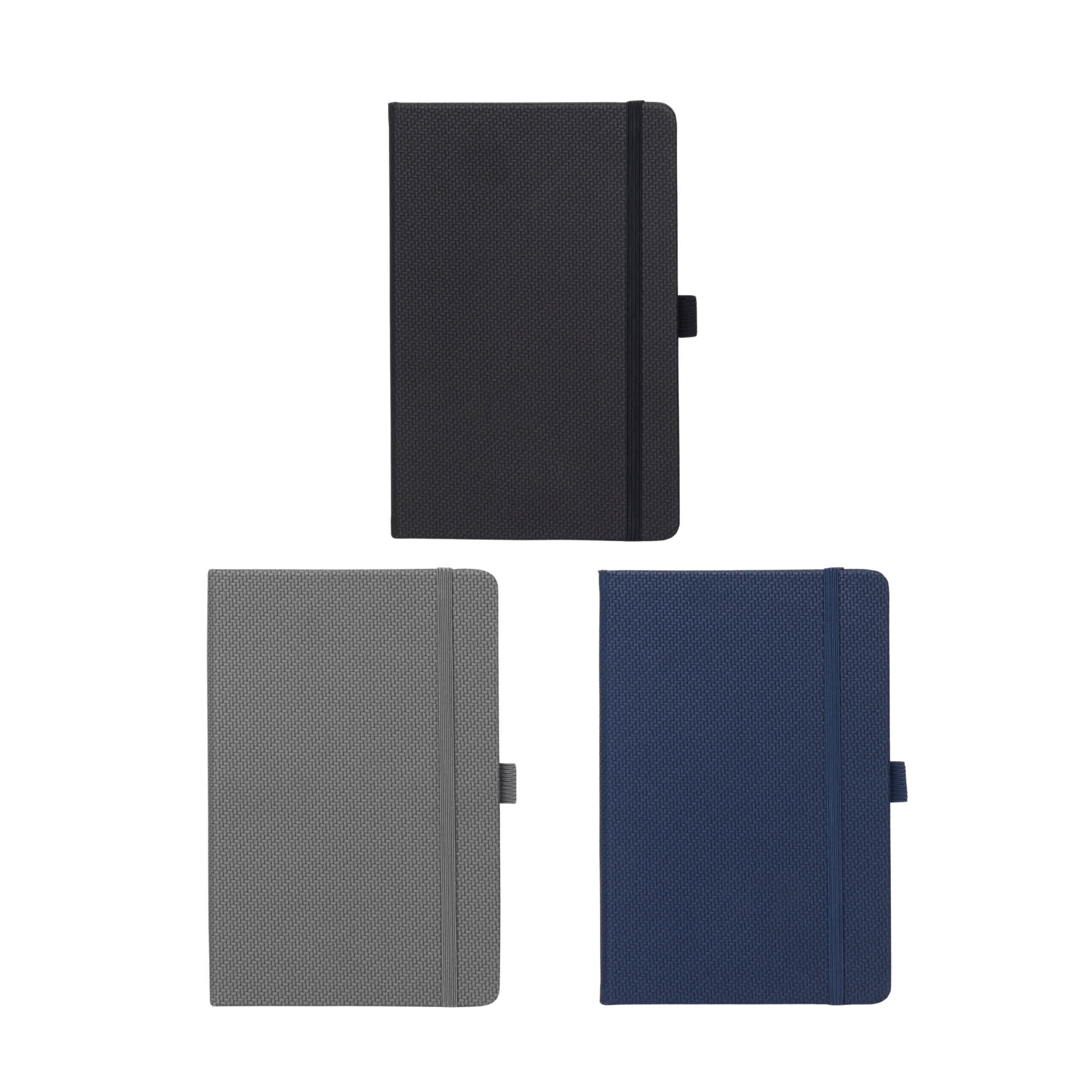 A5 Carbon Notebook in black, grey, and navy, featuring a textured cover and an elastic band closure. A5 Carbon Notebook - Image 1