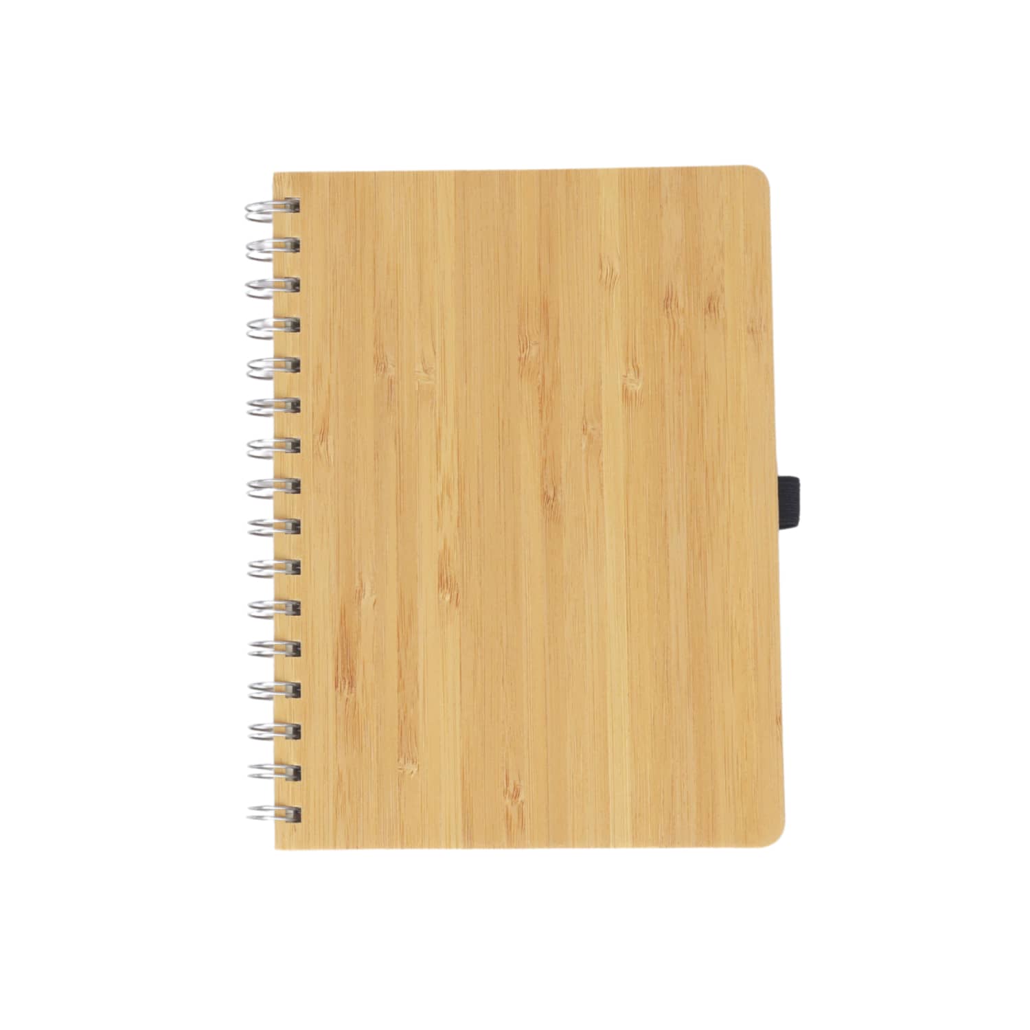 A bamboo notebook featuring a wooden texture, spiral binding, and a secure closure in a natural light brown colour. Bamboo Notebook - Image 1