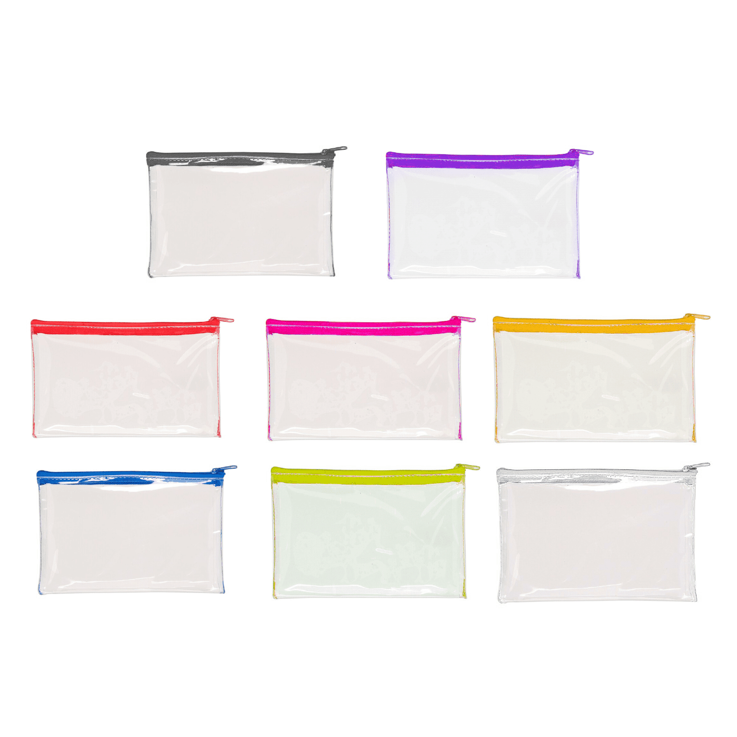 A collection of clear PVC pencil cases in various colours: red, purple, pink, yellow, green, and silver. Clear Pvc Pencil Case - Image 1