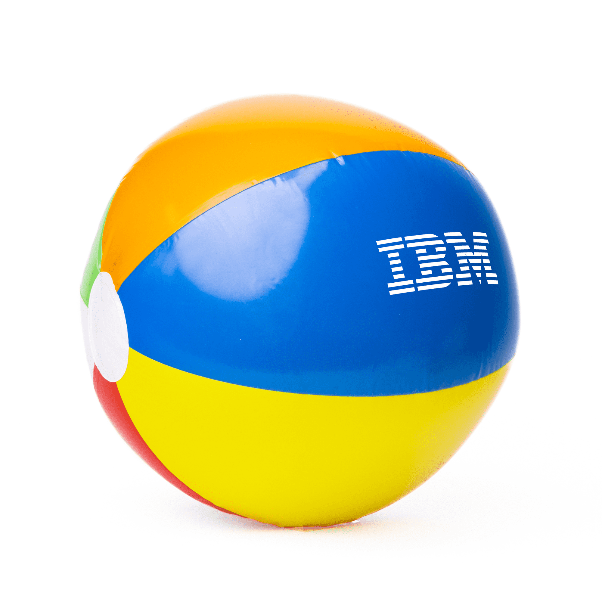 A multi-colour beach ball featuring yellow, blue, red, and green sections, with a logo on one side. 30cm Multi-Colour Beach Ball - Image 1