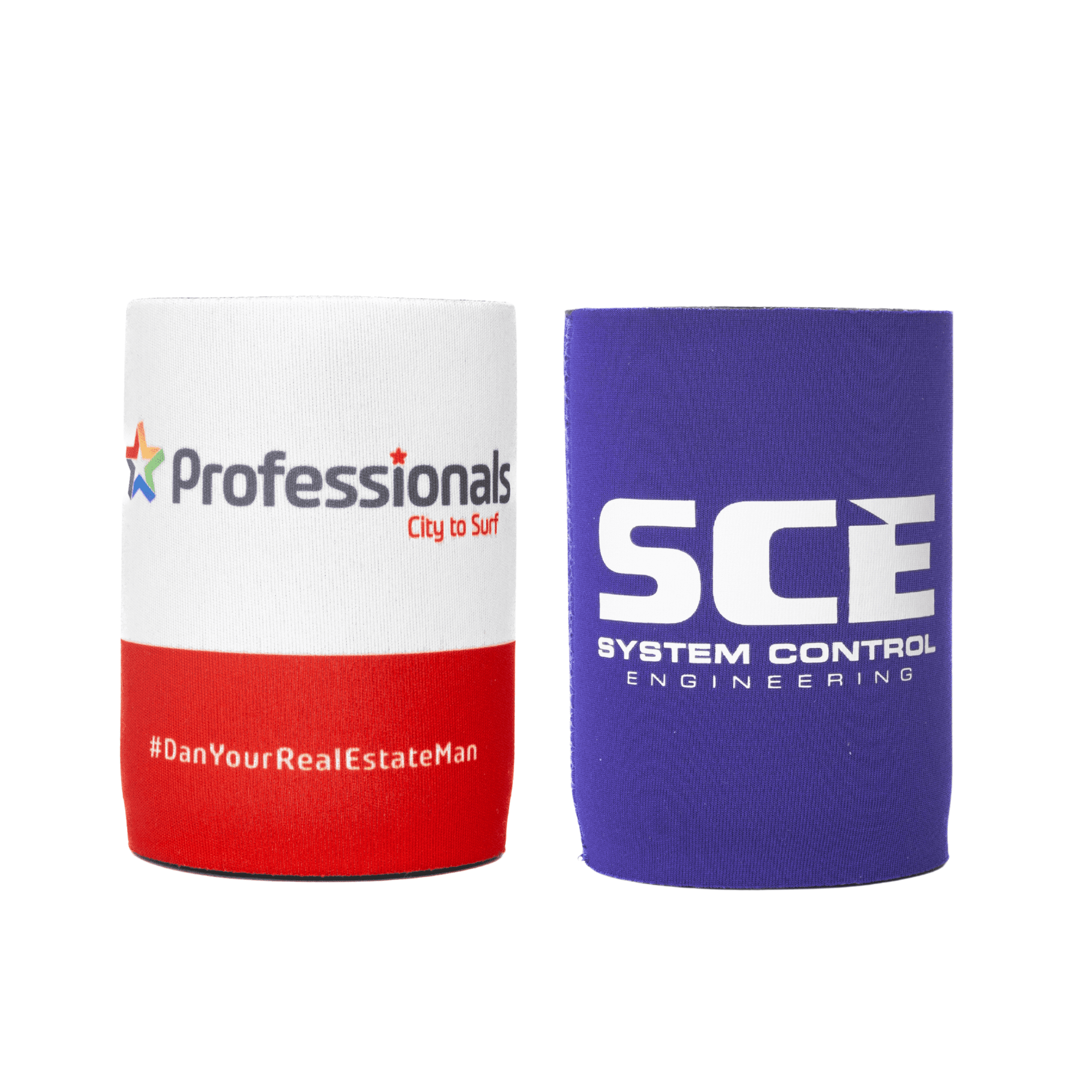A stubby cooler in red, white, and blue with logos and branding on both sides. Dye Sublimation Stubby Cooler Standard - Image 1