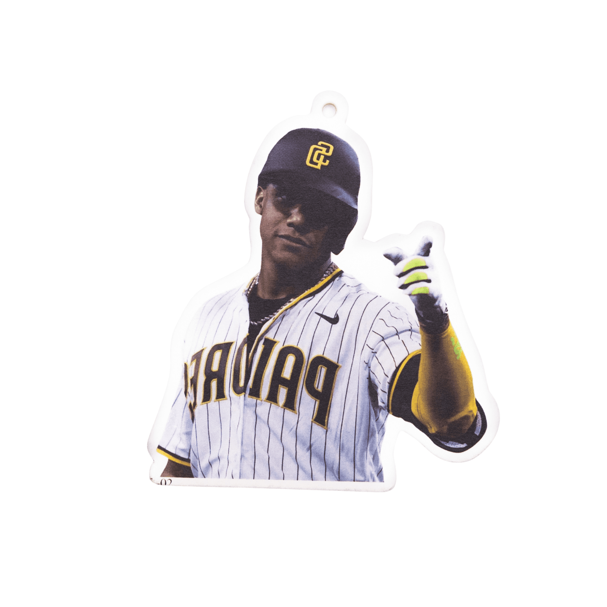 A custom air freshener shaped like a person in a striped baseball uniform with a branding logo, featuring yellow and black colours. Custom Air Fresheners - Image 1