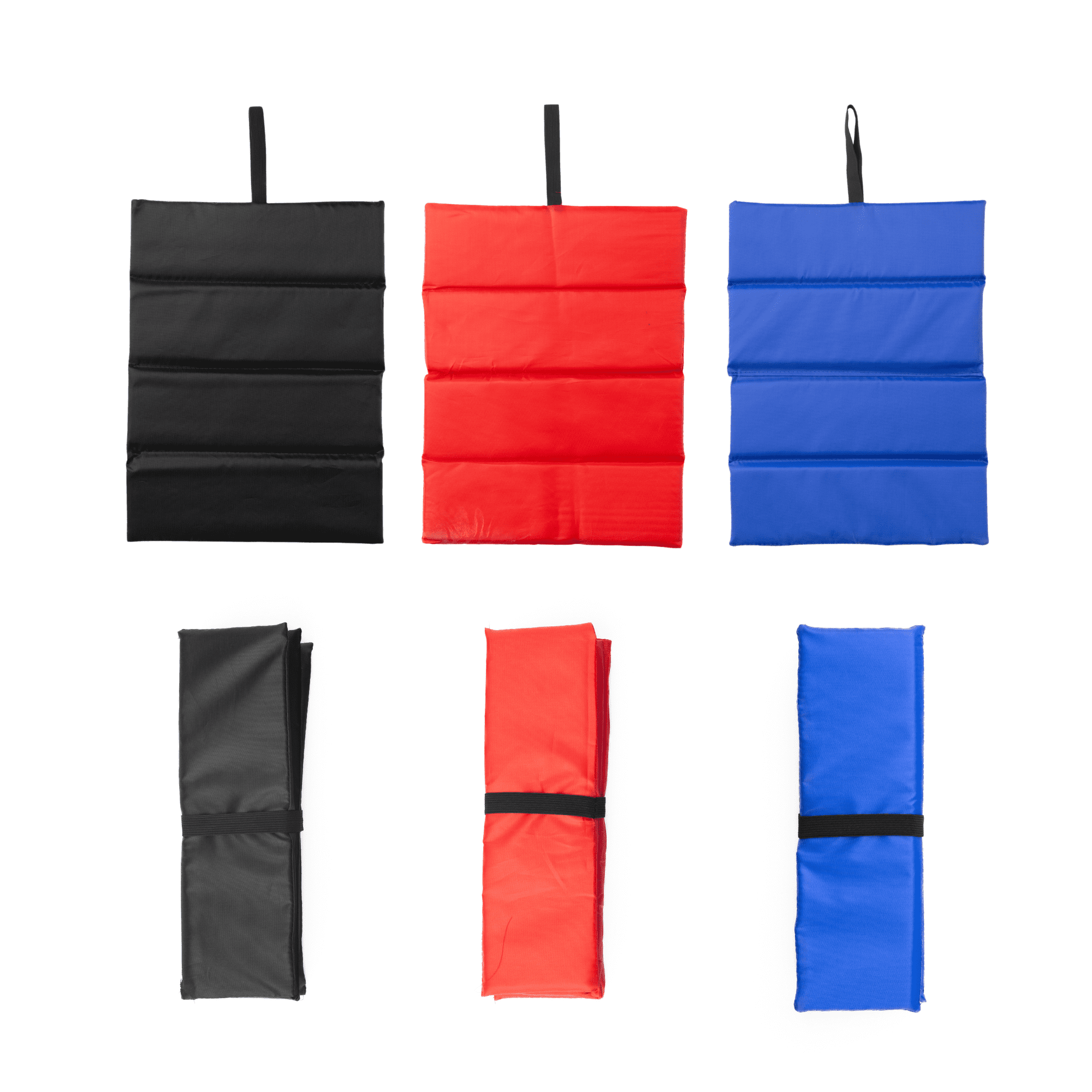 A collection of foldable chair cushions in black, red, and blue, featuring straps and a compact design for easy storage. Foldable Chair Cushion - Image 1