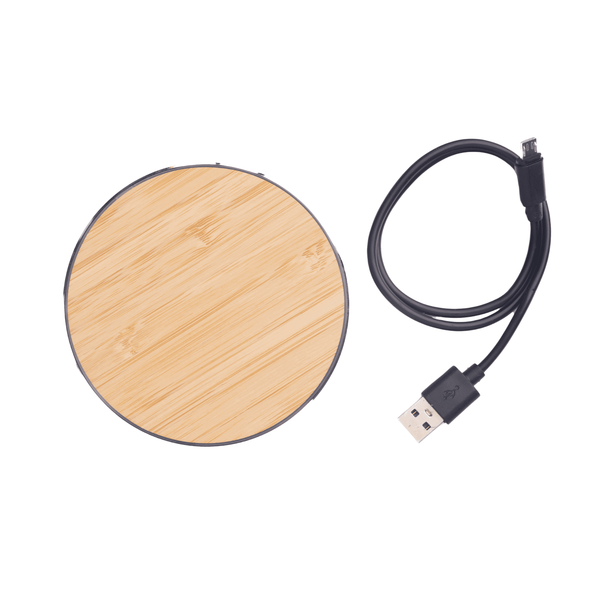 A round bamboo wireless charger in natural tones, accompanied by a black USB charging cable. Bamboo Wireless Charger - Image 1