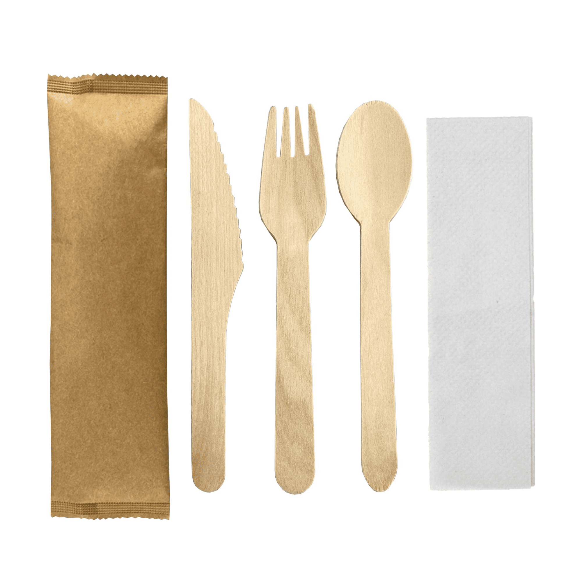 A set of four wooden cutlery pieces in natural wood colour, including a knife, fork, spoon, and a napkin, packaged together. 4Pcs Wooden Cutlery - Image 1