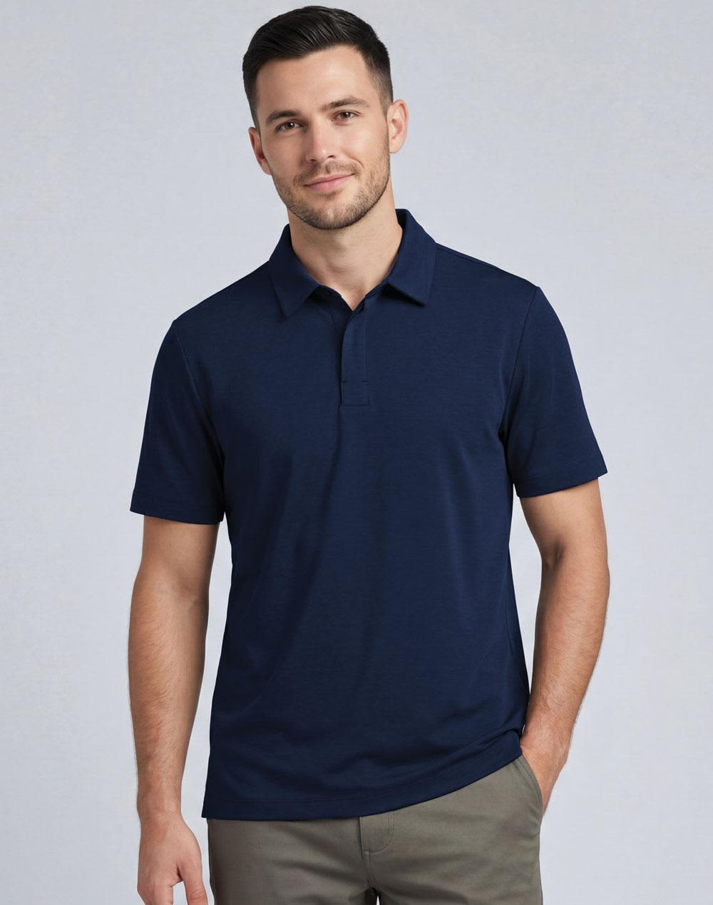 A navy blue men's polo shirt with a classic collar and short sleeves, featuring a logo on the chest. Men's High Performance Graphene Polo - Image 1
