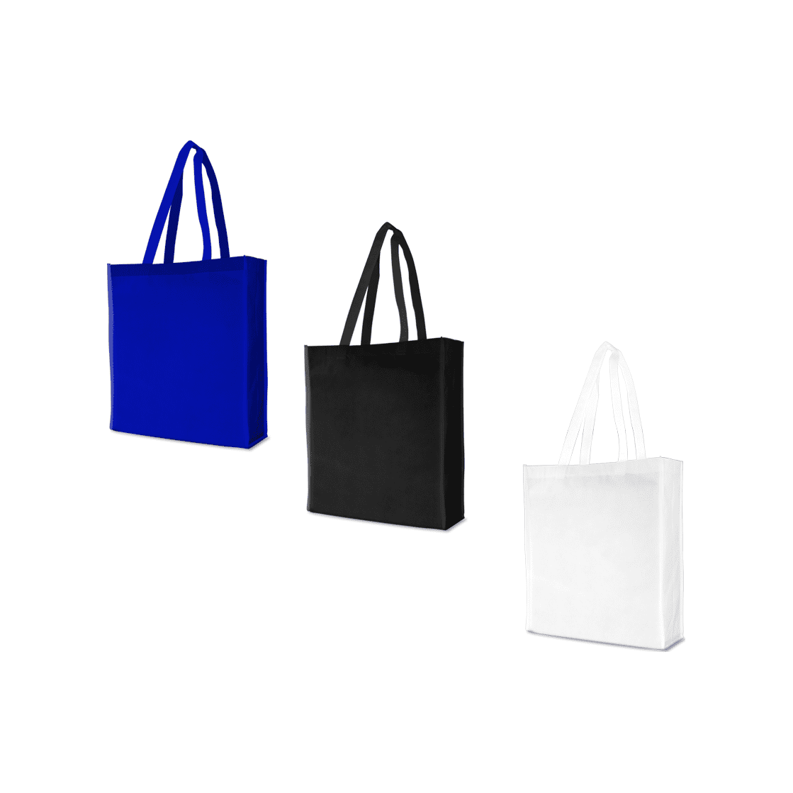 Three tote bags in blue, black, and white, each with two handles and a basic design. One bag features a logo. Cromwell Tote Bag - Image 1