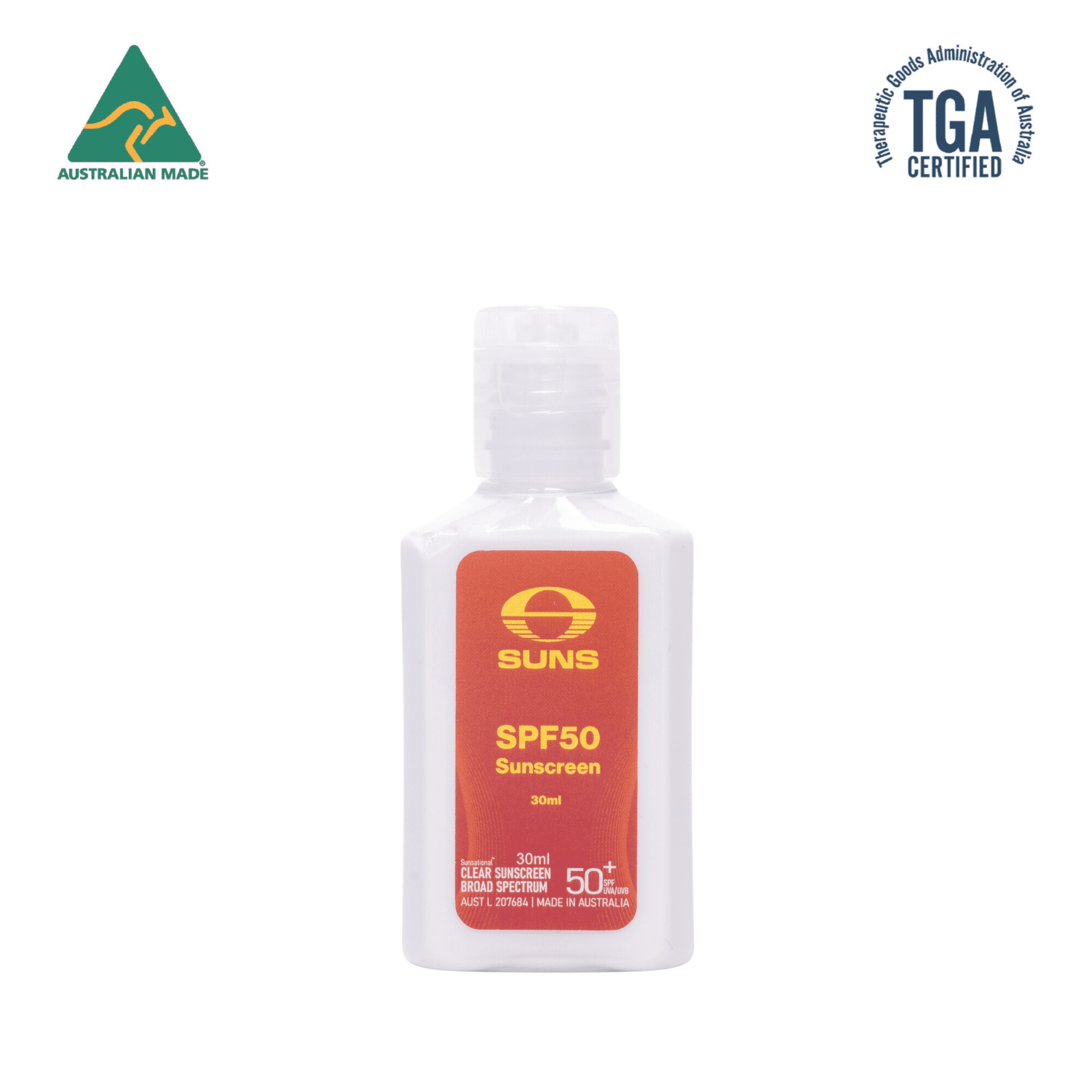 A 30ml SPF50 sunscreen lotion in a white bottle with a red label and a logo. The product is Australian made. 30Ml Spf50 Sunscreen Lotion - Image 1