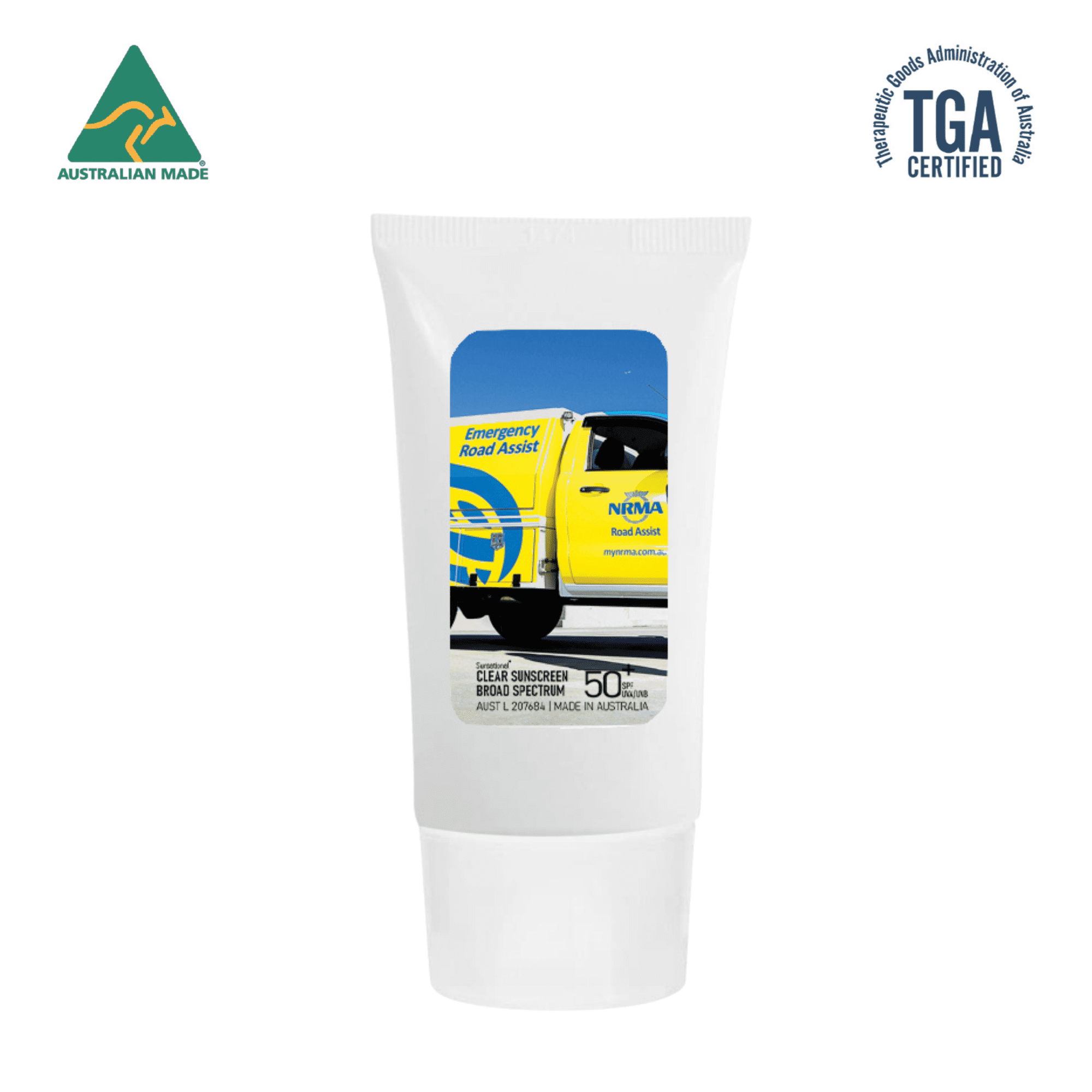 A white tube of 100ml SPF 50 sunscreen lotion with a logo and a colourful image on the front. 100Ml Spf50 Sunscreen Lotion Tube - Image 1