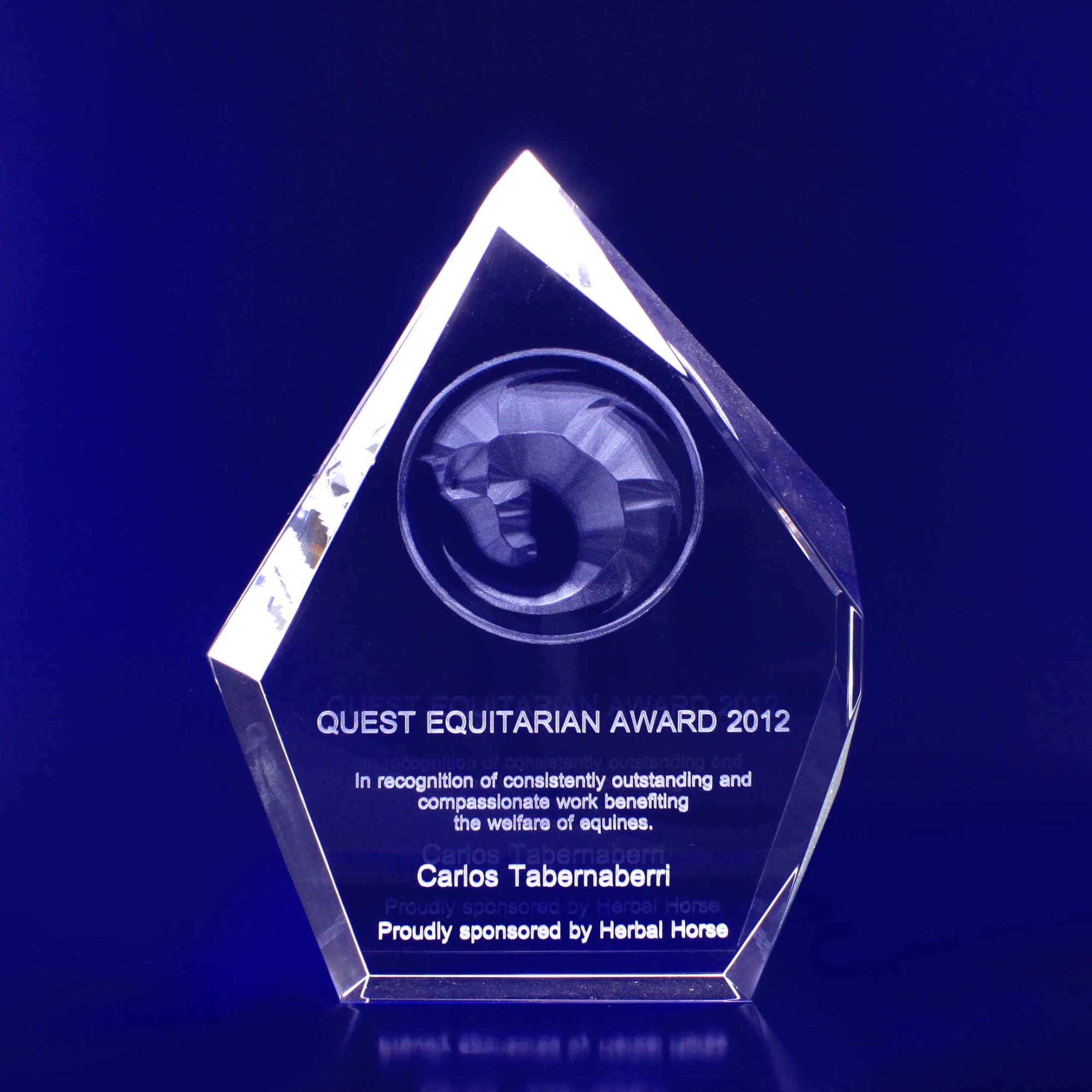 A clear crystal award with a lion emblem, featuring text recognising equestrian achievements. 3D Crystal Large Prestige (30mm deep) - Image 1