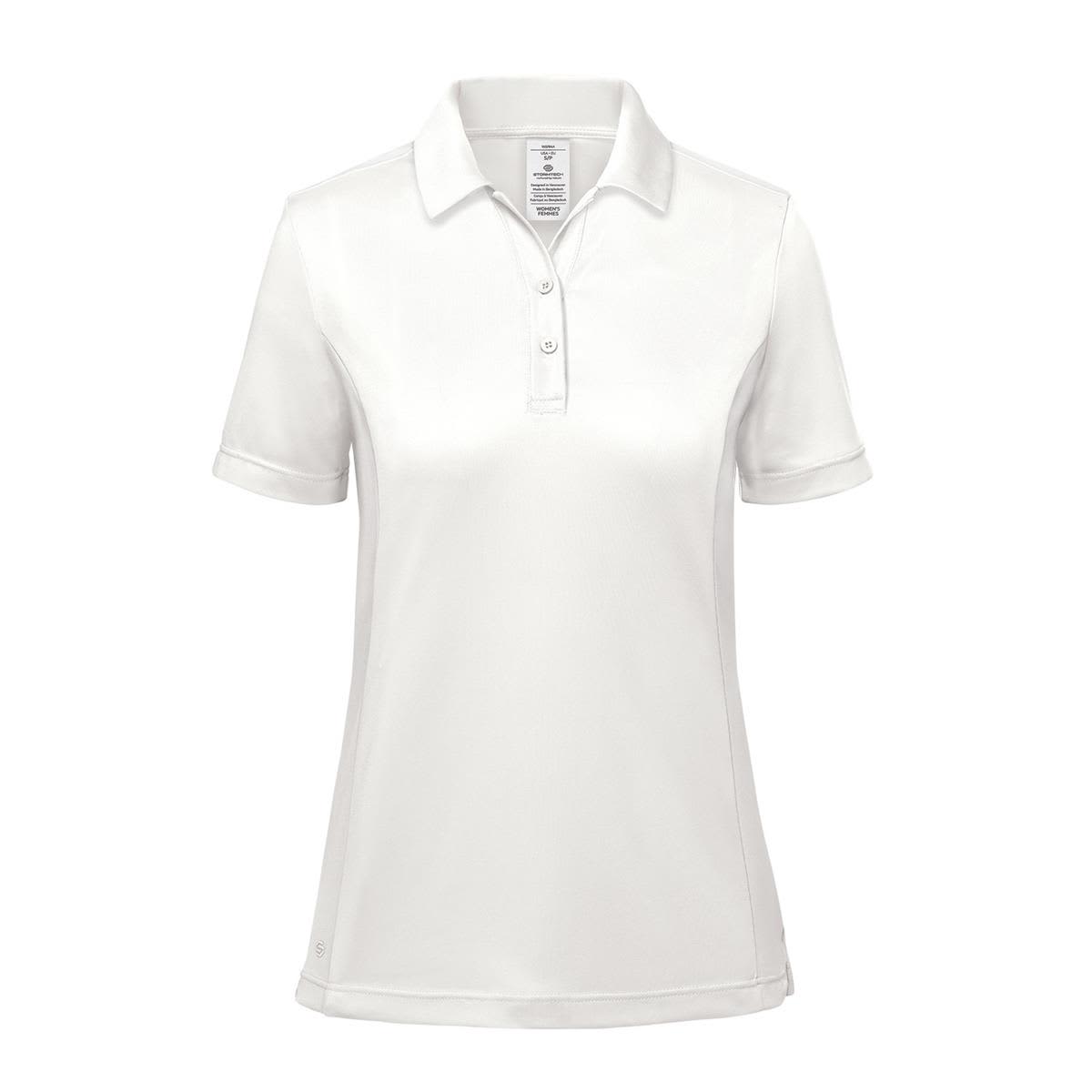 A white women's polo shirt with a collar and short sleeves, featuring a branded logo. Women's Monterey Polo - Image 1