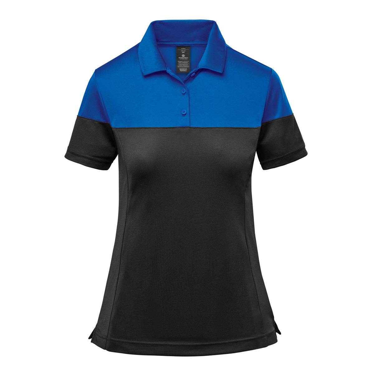 A women's two-tone polo shirt featuring a blue upper section and a black lower section. The shirt has a collar and buttons. Women's Monterey Two-Tone Polo - Image 1
