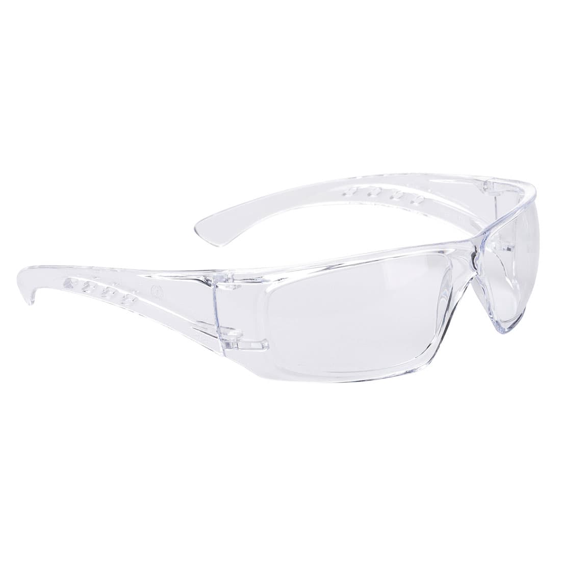 Clear safety spectacles in a transparent design, featuring a modern style and logo on the frame. Clear View Safety Glasses - Image 1