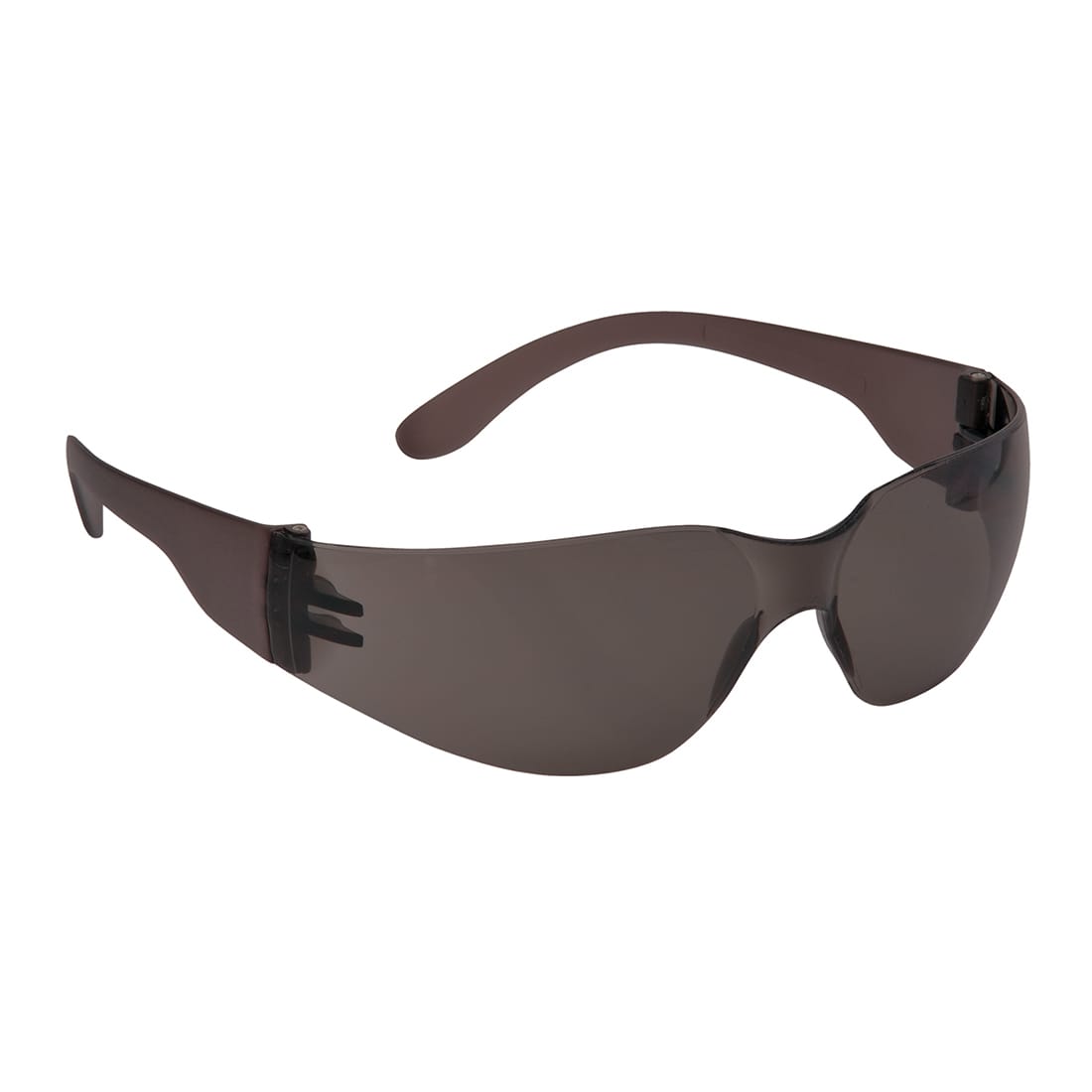 A pair of wrap-around sunglasses with dark lenses and brown frames. Features a logo on the side. Wrap Around Safety Glasses - Image 1
