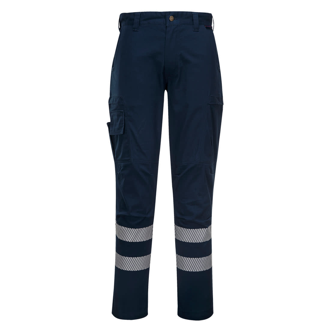 Navy work trousers featuring reflective stripes and multiple pockets, designed for durability and utility. PW3 Cargo Stretch Pants - Image 1