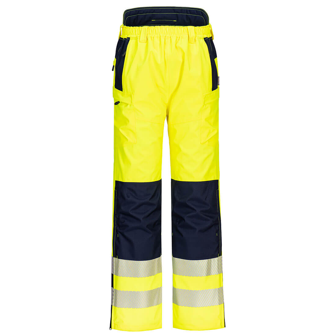 Hi-Vis extreme trousers in bright yellow and navy, featuring reflective strips and multiple pockets. Includes branding. PW3 Hi-Vis Extreme Rain Pants - Image 1