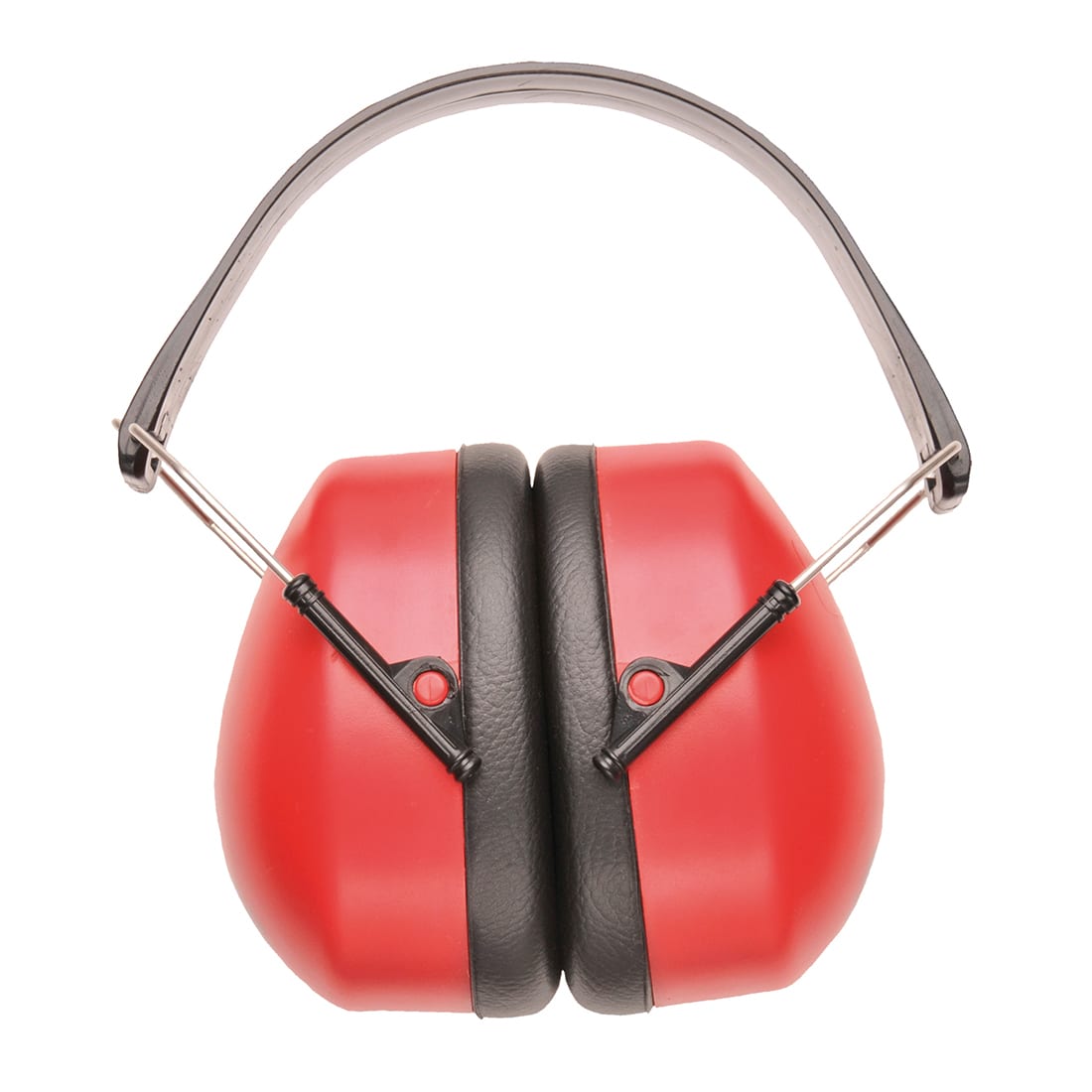 Red and black ear muffs designed for hearing protection, featuring a padded headband and a logo. Super Ear Defenders - Image 1