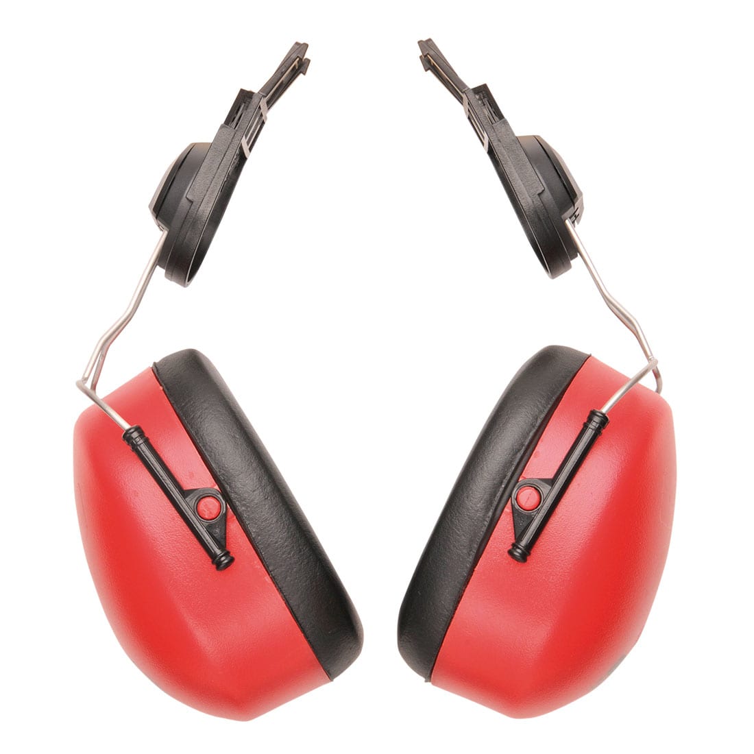 A pair of clip-on ear protectors featuring red and black colours, with a visible logo on one side. Endurance Clip-On Ear Defenders - Image 1