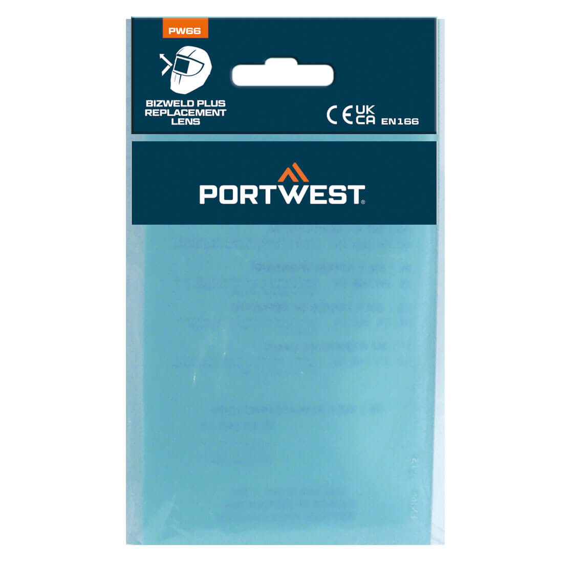 A blue replacement lens packaged in a clear plastic pouch, featuring a logo at the top. BizWeld Plus Replacement Lens - Image 1