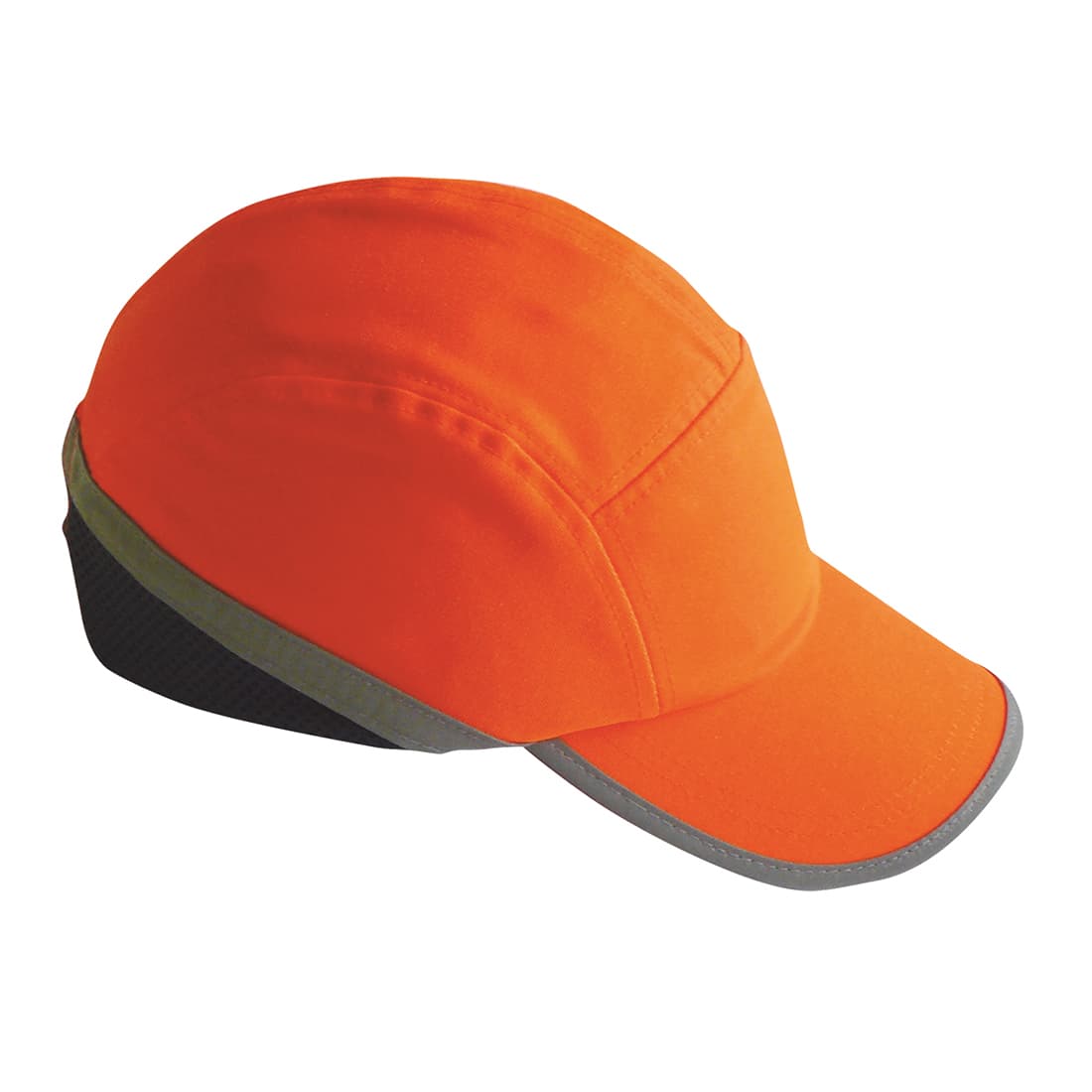 An orange bump cap with a black mesh section and reflective detailing on the brim. It features a logo. Long Peak Bump Cap - Image 1
